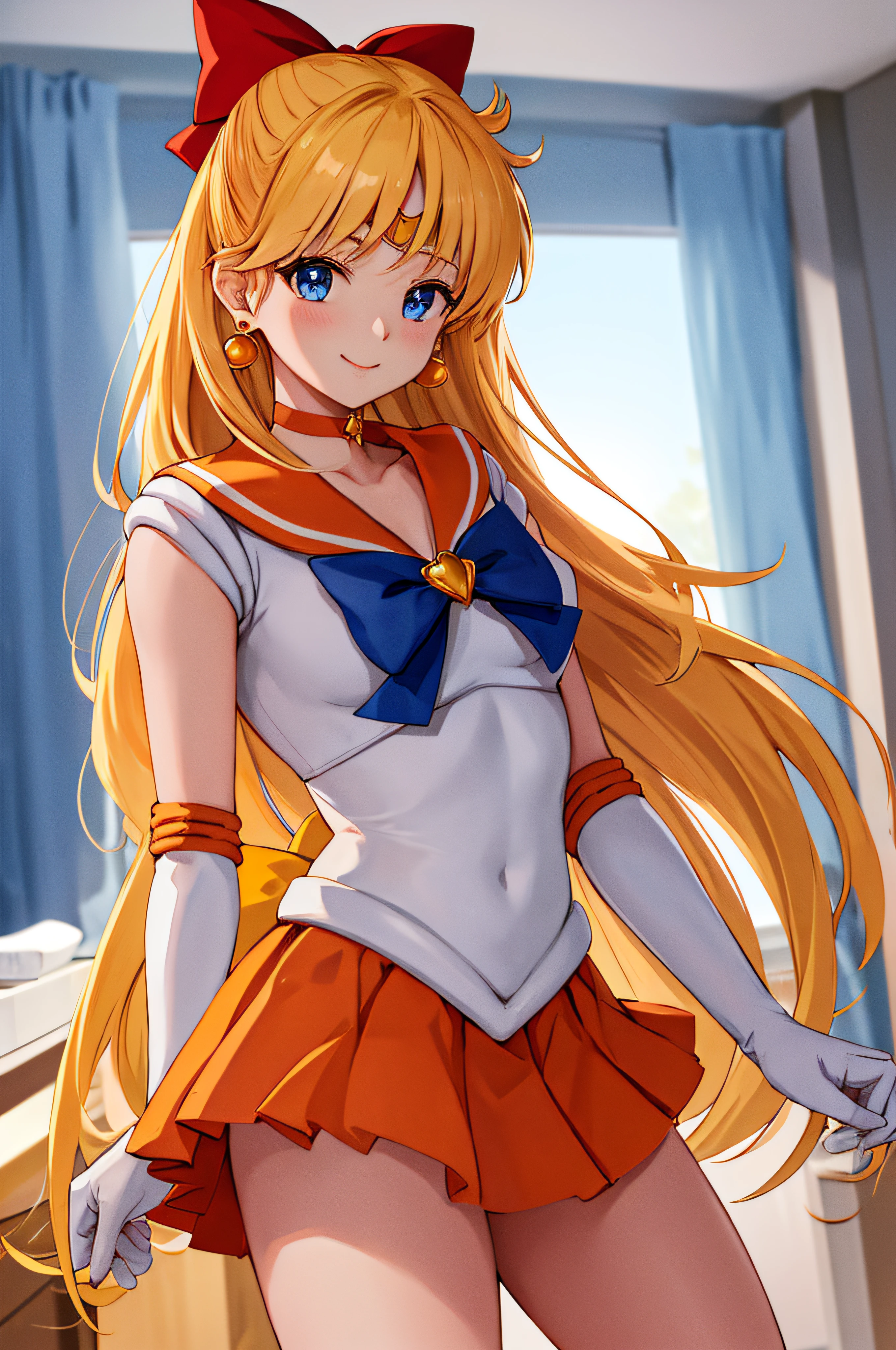 masterpiece, best quality, highres, venus1, 1girl, solo, sailor senshi uniform, sailor venus, aino minako, blonde hair, magical girl, blue eyes, orange skirt, elbow gloves, tiara, pleated skirt, hair bow, orange sailor collar, miniskirt, choker, red bow, orange choker, white gloves, very long hair,  jewelry,  earrings, cowboy shot, smile,