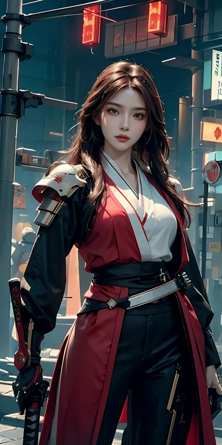 photorealistic, high resolution, soft light,1women, solo, hips up, (detailed face), red long hair, cybersamurai, cyborg, cyberpunk,  cyber armor, holding weapon,glowing,on the street , kimono , katana