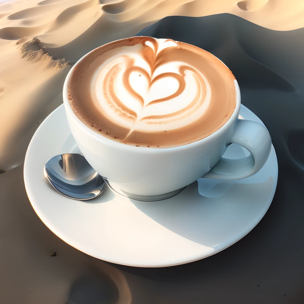 Latte coffee cup on the sand by the sea