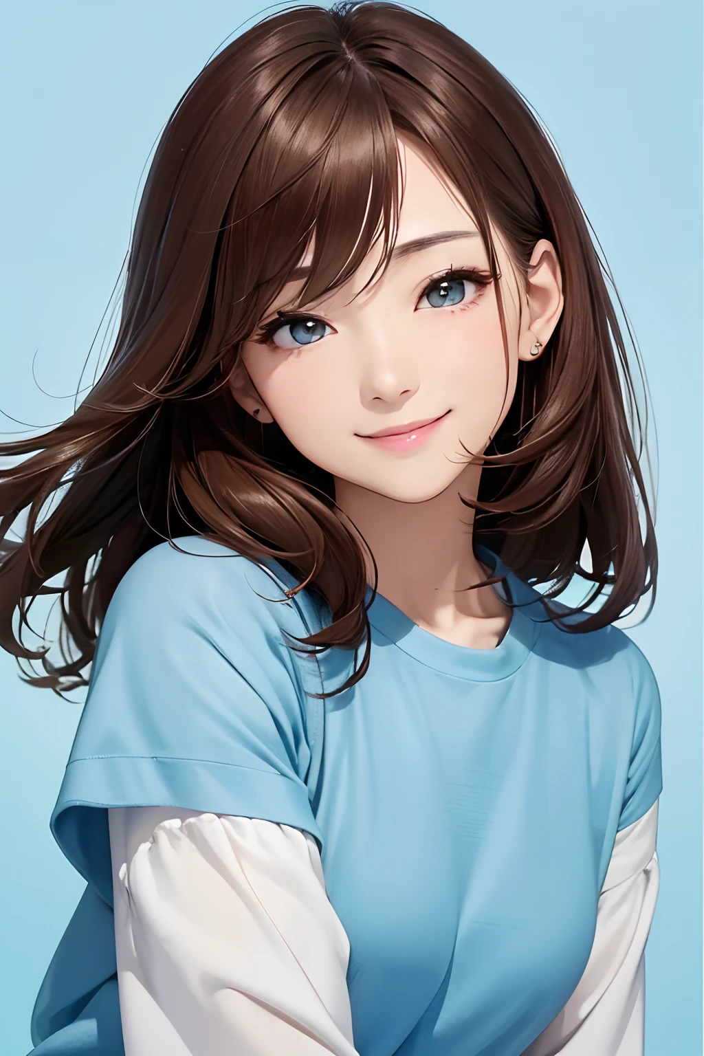 (top-quality、8K、32K、masterpiece)30age、adult lady、Brown hair、a smile、Light blue background