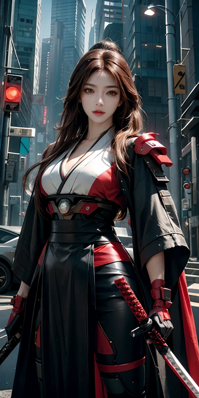 photorealistic, high resolution, soft light,1women, solo, hips up, (detailed face), red long hair, cybersamurai, cyborg, cyberpunk, cyber armor, holding weapon,glowing,on the street , kimono , katana