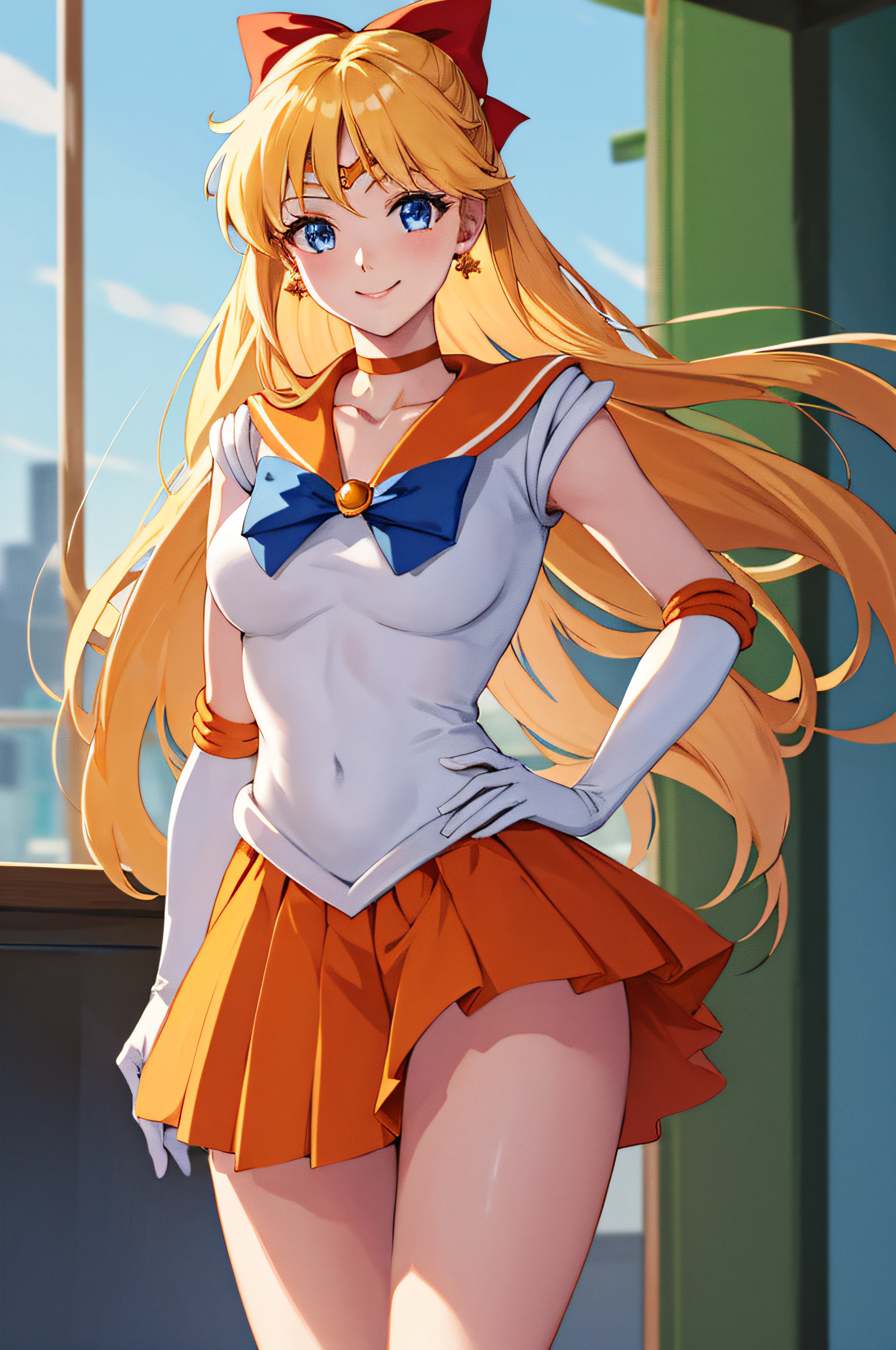 masterpiece, best quality, highres, venus1, 1girl, solo, sailor senshi uniform, sailor venus, aino minako, blonde hair, magical girl, blue eyes, orange skirt, elbow gloves, tiara, pleated skirt, hair bow, orange sailor collar, miniskirt, choker, red bow, orange choker, white gloves, very long hair,  jewelry,  earrings, cowboy shot, smile,