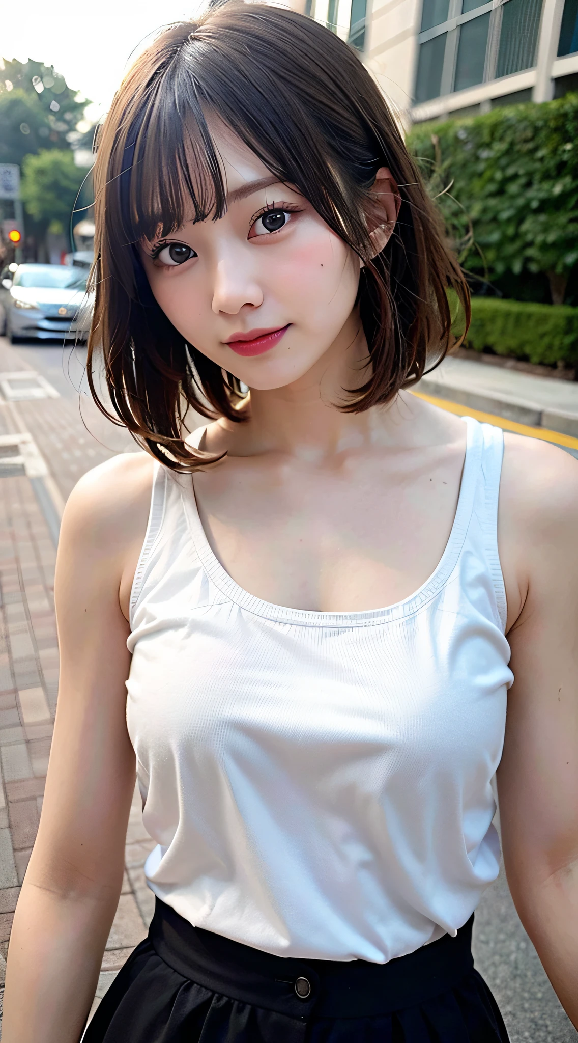 (Girl walking through the streets of Tokyo:1.2、blue sky)、((Shirt with ribbon、Tight brown miniskirt、Knee-high socks:1.4、sneakers)、the wind is strong、(Realistic、Like a photograph、Live Action、8k, Realistic, RAW Photos, Best image quality: 1.4), Single-lens reflex camera、RAW Photos, Highest quality, Realistic, Highly detailed CG Unity 8k wallpaper, Written boundary depth, Cinematic Light, Lens flare, Ray Tracing, Realistic background、((ultra high density skin))、 -yeld giCute Japanese Girl、(whole body:1.5)、Very detailedな顔，avert your eyes:1.1、(short hair:1.2、Short hair fluttering in the wind:1.4)、I like that style、stylish、Very detailed、Pay attention to the details、Perfect outfit、(Sunburned skin)、View from above、Accurate hands、Accurate legs、Detailed hands and fingers、Anatomically correct body、Thin legs、Thin thighs、Large Breasts