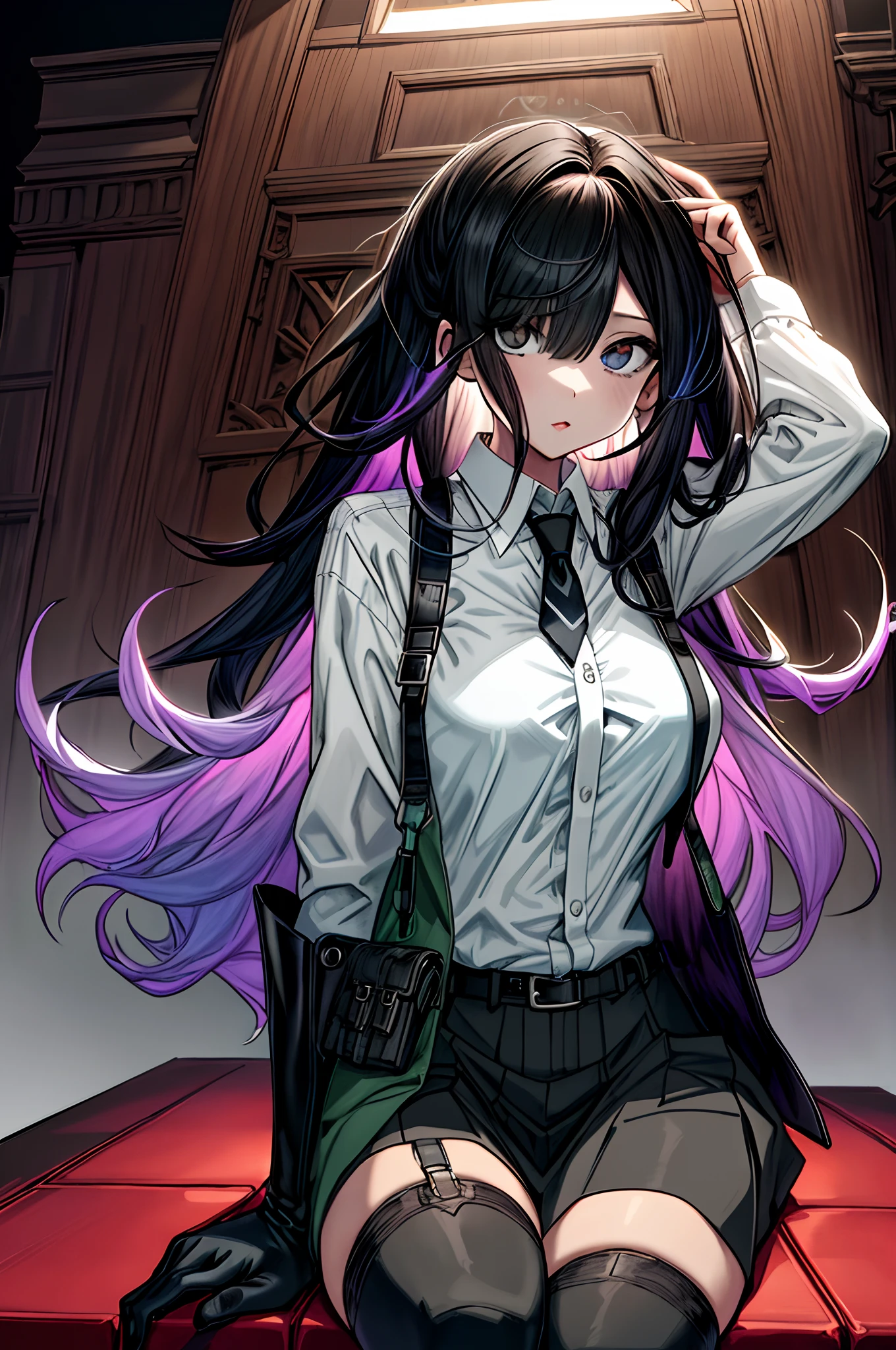 Background black、a black skirt, neck tie, white shirt Pause at the top, Long Black Hair, Gray eyes, holster, Garter belt on the legs, Moderately breasts, hands above your head, Moderate, Pichi Pichi clothes, both sides、Rosa、Rosa、dark in background、Full body、long、校服、A dark-haired、Ahegao ( Silly / Sexual ecstasy)、Cross-eyed、Stranger、View other people、Blunt bangs、 over-kneehighs,Ahegao , Silly,Sexual ecstasy,Drunken eyes,Blunt bangs,,(masutepiece:1.2, Best Quality), (finely detailed beautiful eye: 1.2), (Detailed background,Dark Fantasy), (beautifull detailed face), High contrast, (Best Illumination, extremely delicate and beautiful), ((Cinematic Light)), Colorful, Hyper Detail, Dramatic light, Intricate details,