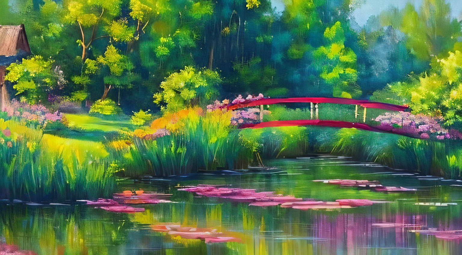 A serene, dreamy garden scene with a shimmering pond, dappled sunlight filtering through the lush leaves, vibrant water lilies in shades of pink and green, a small wooden footbridge arching over the water, the faintest hints of iridescent dragonflies, the edges of flowers kissed by golden sunlight, thick and textured brushstrokes, an enchanting play of light and color, a masterful blend of Monet's style, contemporary, oil on canvas, expertly crafted, vivid, and impressionistic.