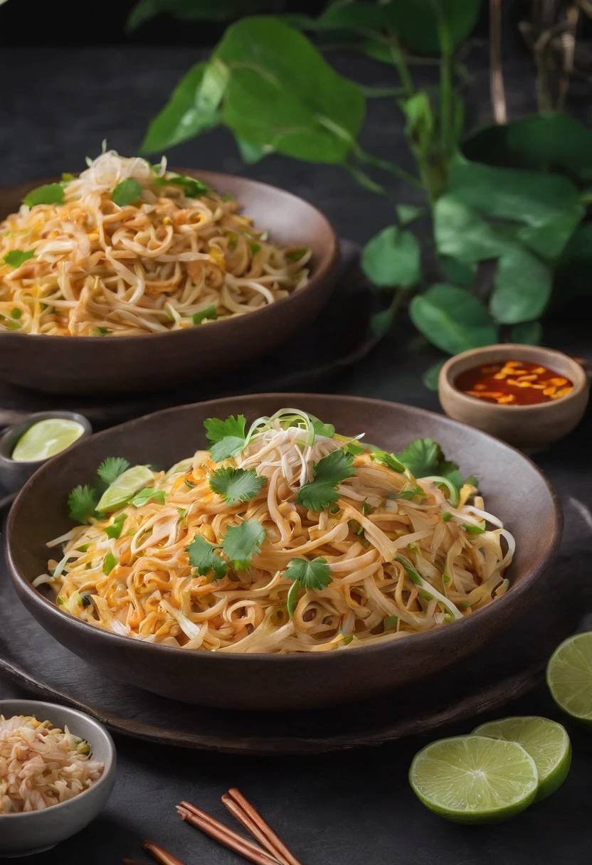 (bestquality:1.2, masterpice:1.2), vibrant, Realistic, Amazing and dark 8K photos:1.37, Thai Food, pad thai, Natural backdrop, super detail