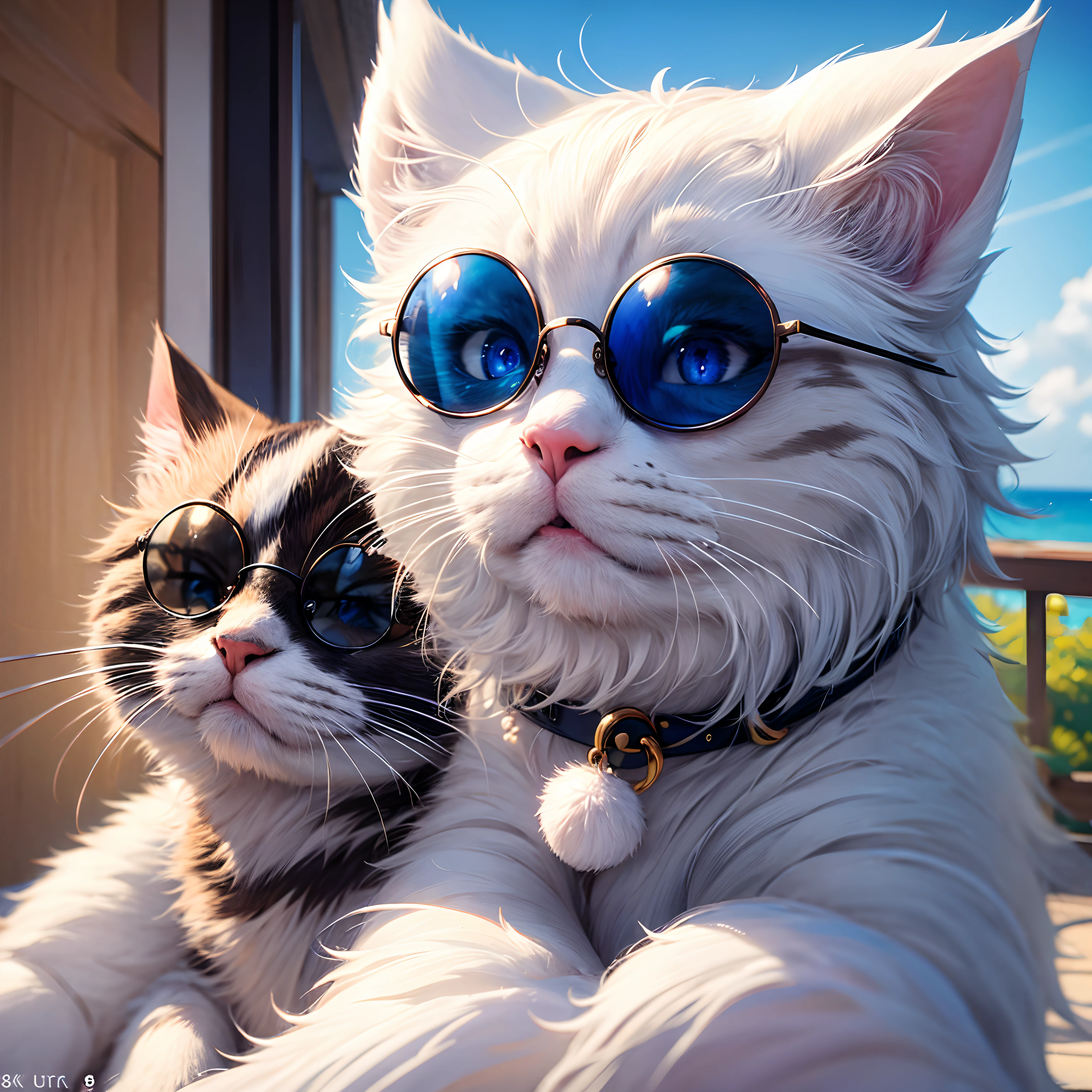 Cute cat ,white fur, blue eyes, wearing small round sunglasses near the nose, ((ultra realistic)),((8k UHD))