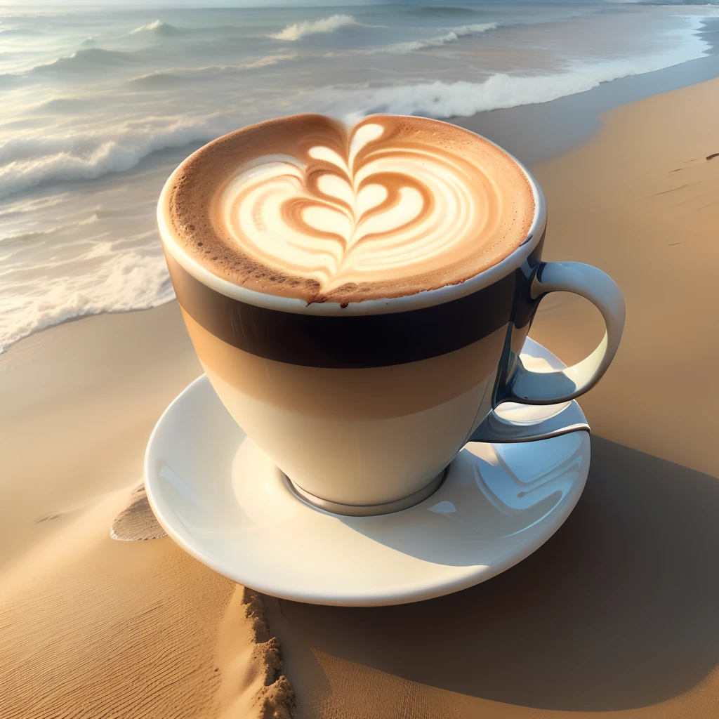 Latte coffee cup on the sand by the sea