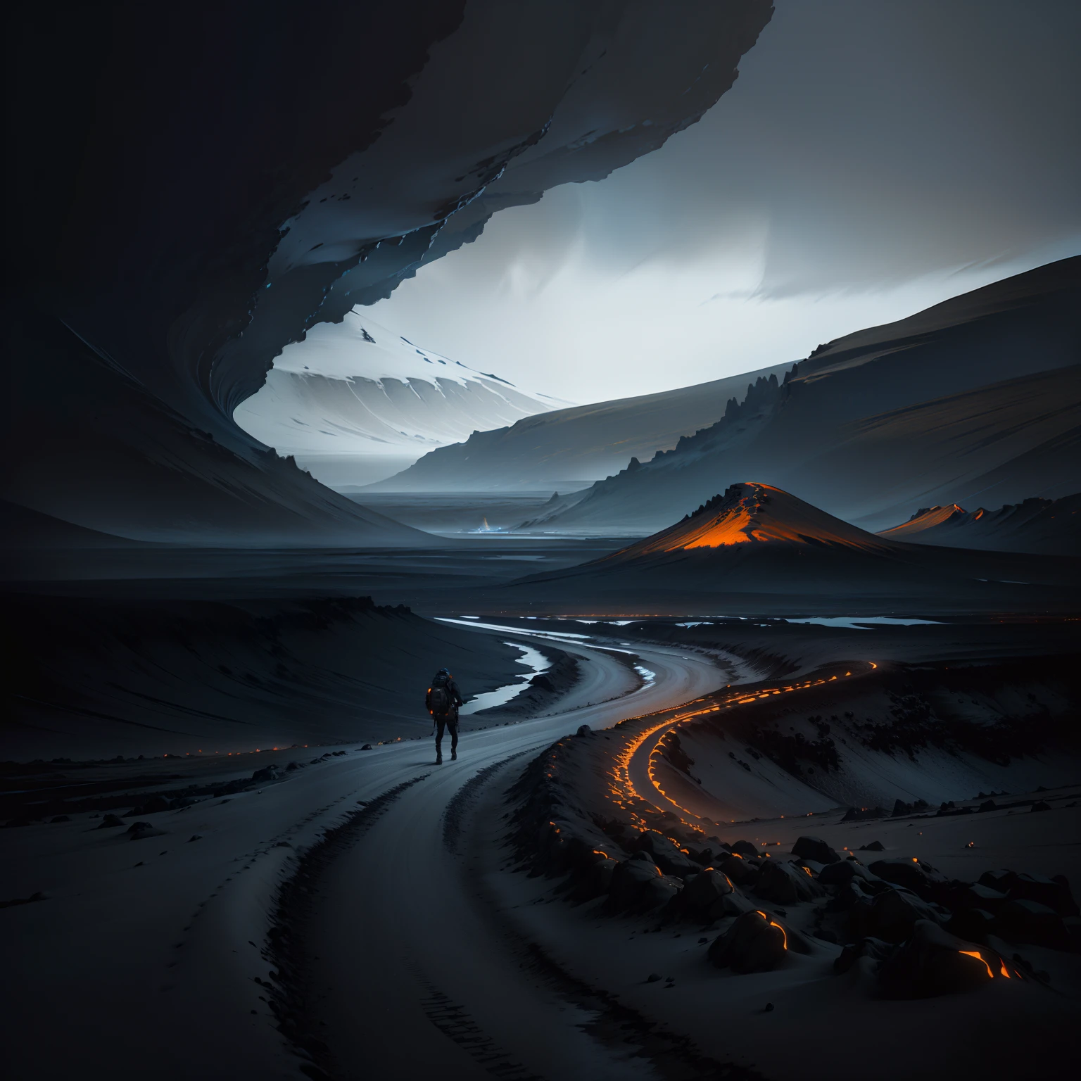 The Aalfed woman walks on the dirt road in front of the mountain, iceland photography, sci-fi of iceland landscape, max rive, in volcano, Cinematography concept art, Surreal dark otherworldly emotions, Beautiful dark landscape, epic cinematic shot, dramatic cinematic shot, cinematic atmospheric photo, Beautiful dark eerie scenery, in volcano, photorealistic dark concept art