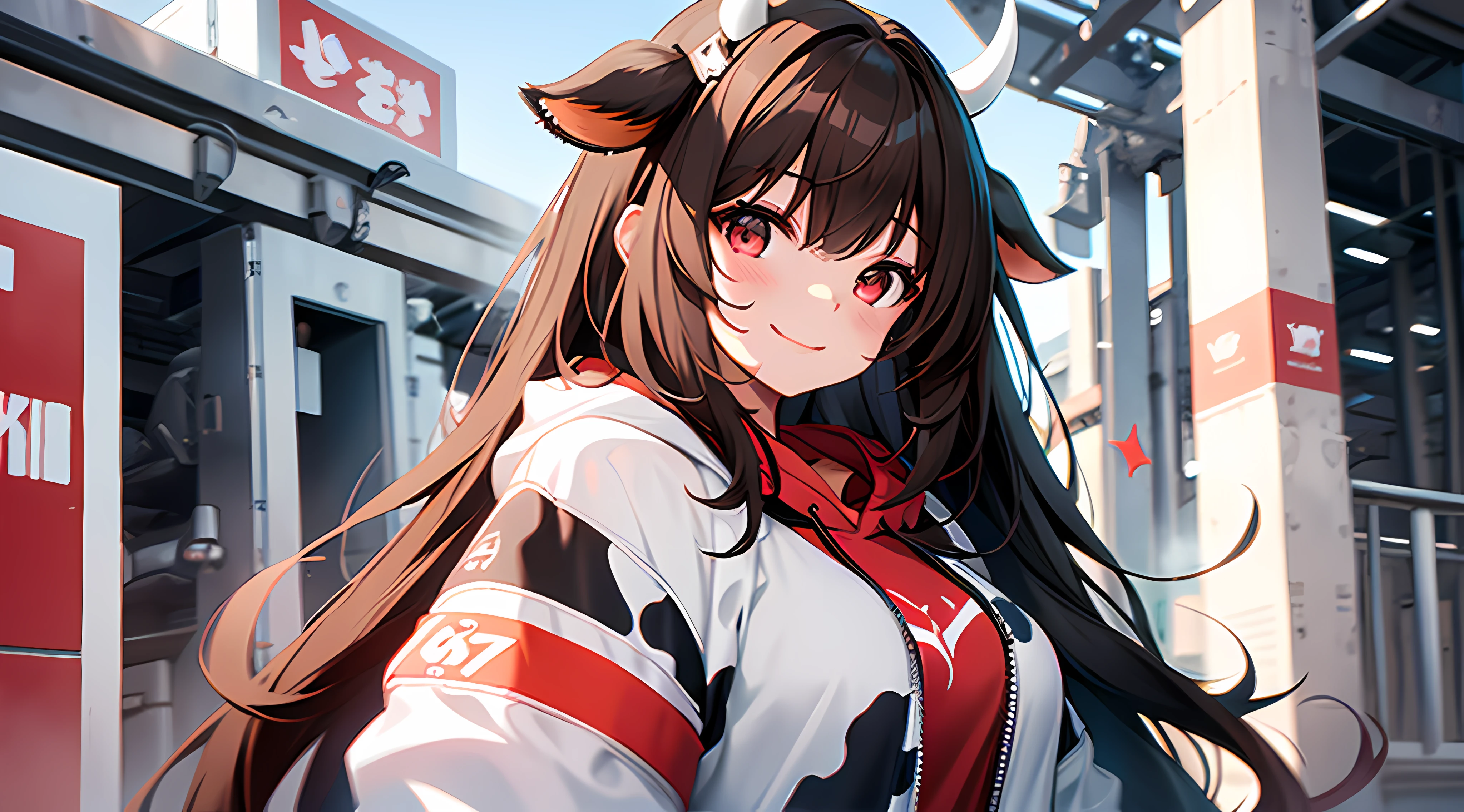 1girl, long brown hair, red eyes, cow ears, cow horn, wearing black and white hoodie like cow pattern, with logo "MOOTA", high res, ultrasharp, 8K, masterpiece, looking at viewer, smiling
