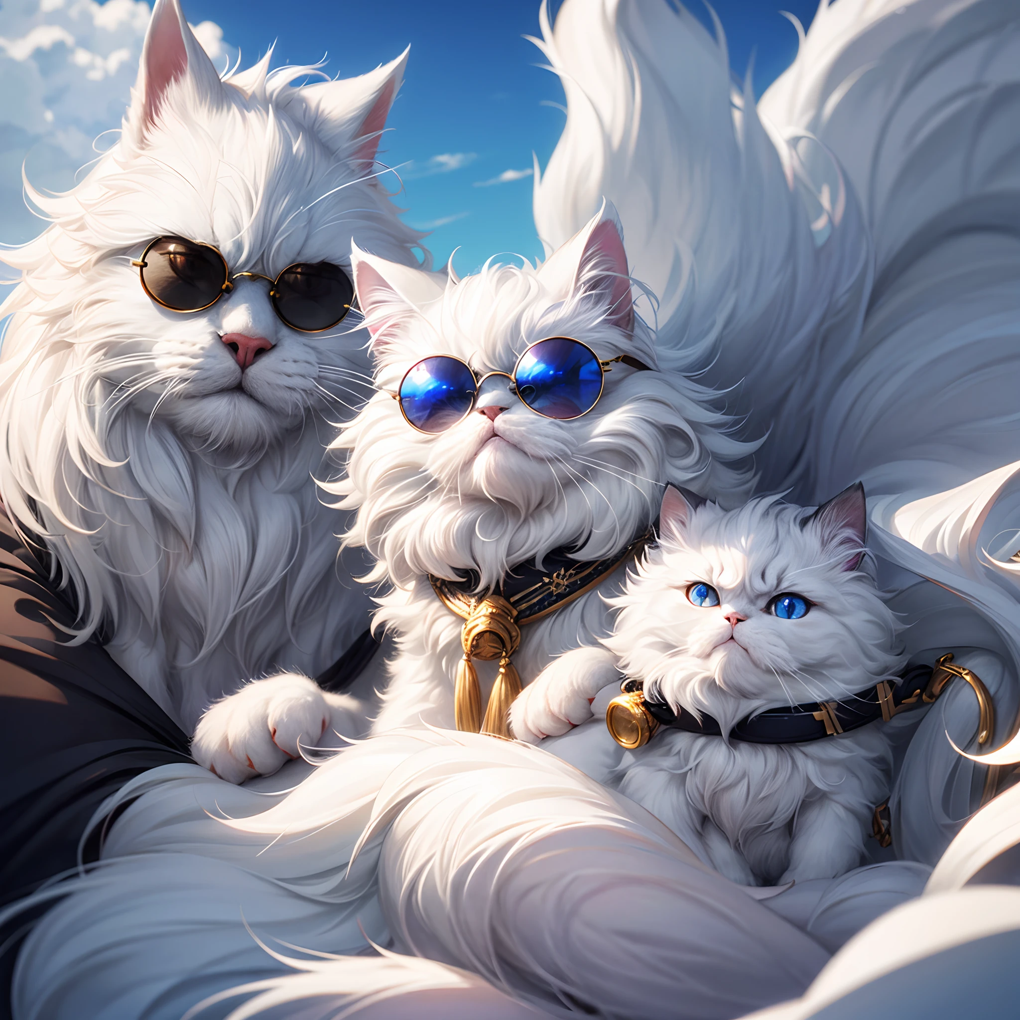 Persian cat ,white fur, blue eyes, wearing small round sunglasses near the nose, ((ultra realistic)),((8k UHD))