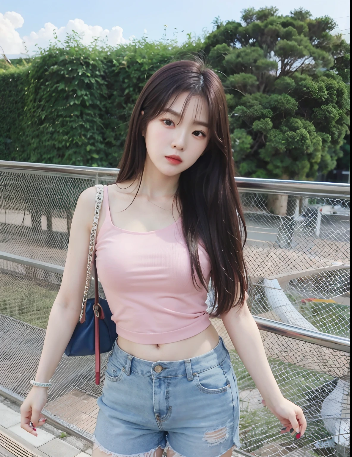 araffe asian woman in pink top and blue shorts posing for a picture, korean girl, jaeyeon nam, beautiful south korean woman, gorgeous young korean woman, beautiful young korean woman, a young asian woman, 19-year-old girl, korean woman, bae suzy, young asian girl, jinyoung shin, photo of slim girl, young and cute girl, ((large breasts)), detailed fingers