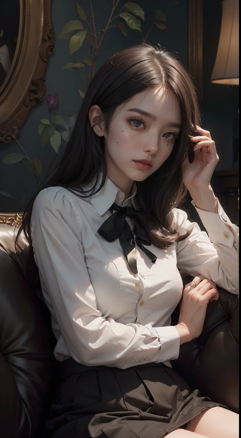 (Hyper-realistic), (Illustration), (High resolution), (8K), (Extremely detailed), (Best Illustration), Yol ( chain saw man ), (Beautiful detailed eyes), (Best Quality), (Ultra-detailed), (masutepiece), (Wallpaper), (Detailed face), Solo, Upper body, Focus on Face, 1 girl, Long Black Hair, Korean, Thin eyeshadow, A detailed eye, Brown eyes, Small moles under the eyes, very slender legs,Long sleeve shirt, Neckbow,  Small breasts,Black leather shoes, Dynamic Pose, low illuminance, Night, Dark, Clouds, a dark night,sit on sofa,Drinking black tea,