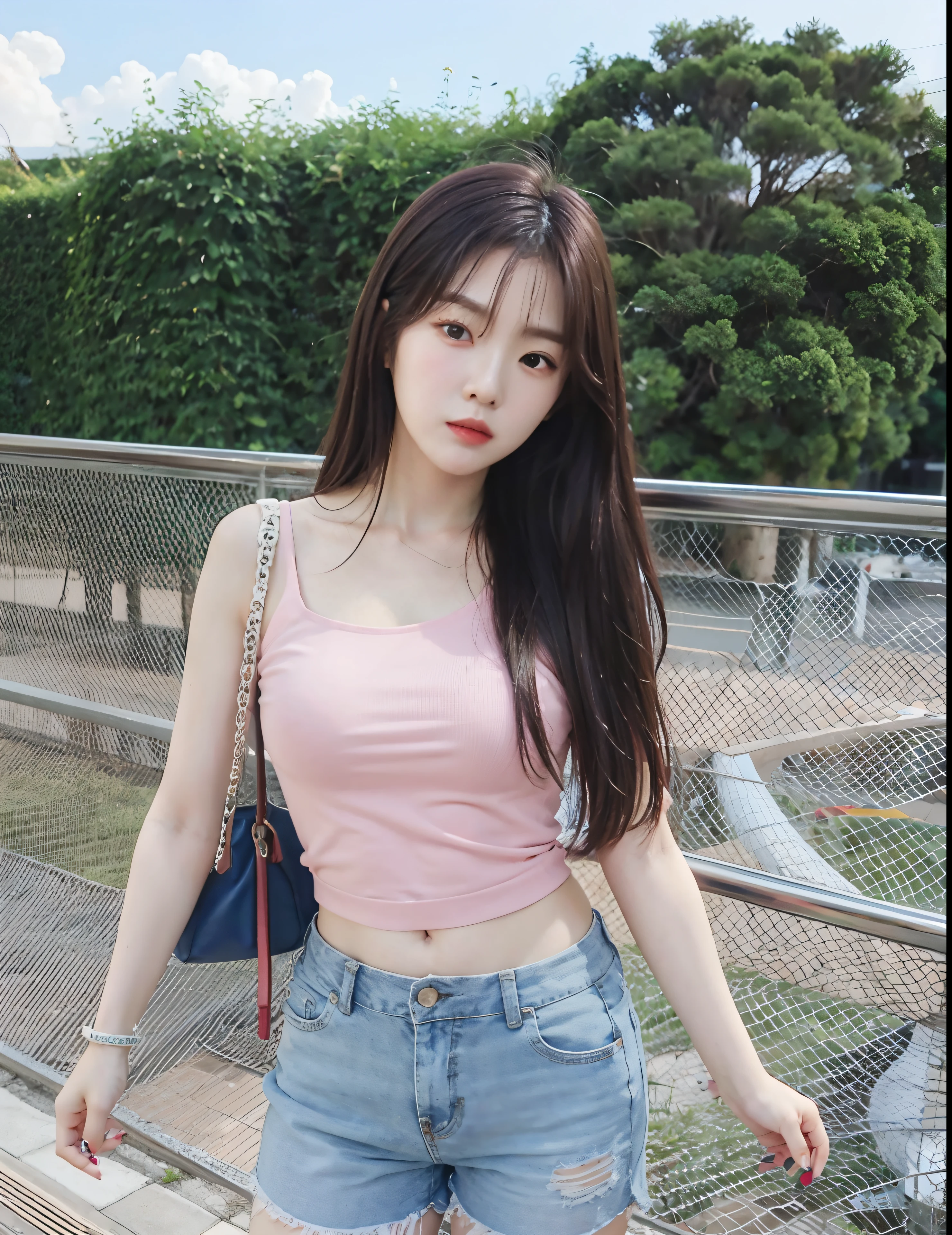 araffe asian woman in pink top and blue shorts posing for a picture, korean girl, jaeyeon nam, beautiful south korean woman, gorgeous young korean woman, beautiful young korean woman, a young asian woman, 19-year-old girl, korean woman, bae suzy, young asian girl, jinyoung shin, photo of slim girl, young and cute girl, ((large breasts)), detailed fingers