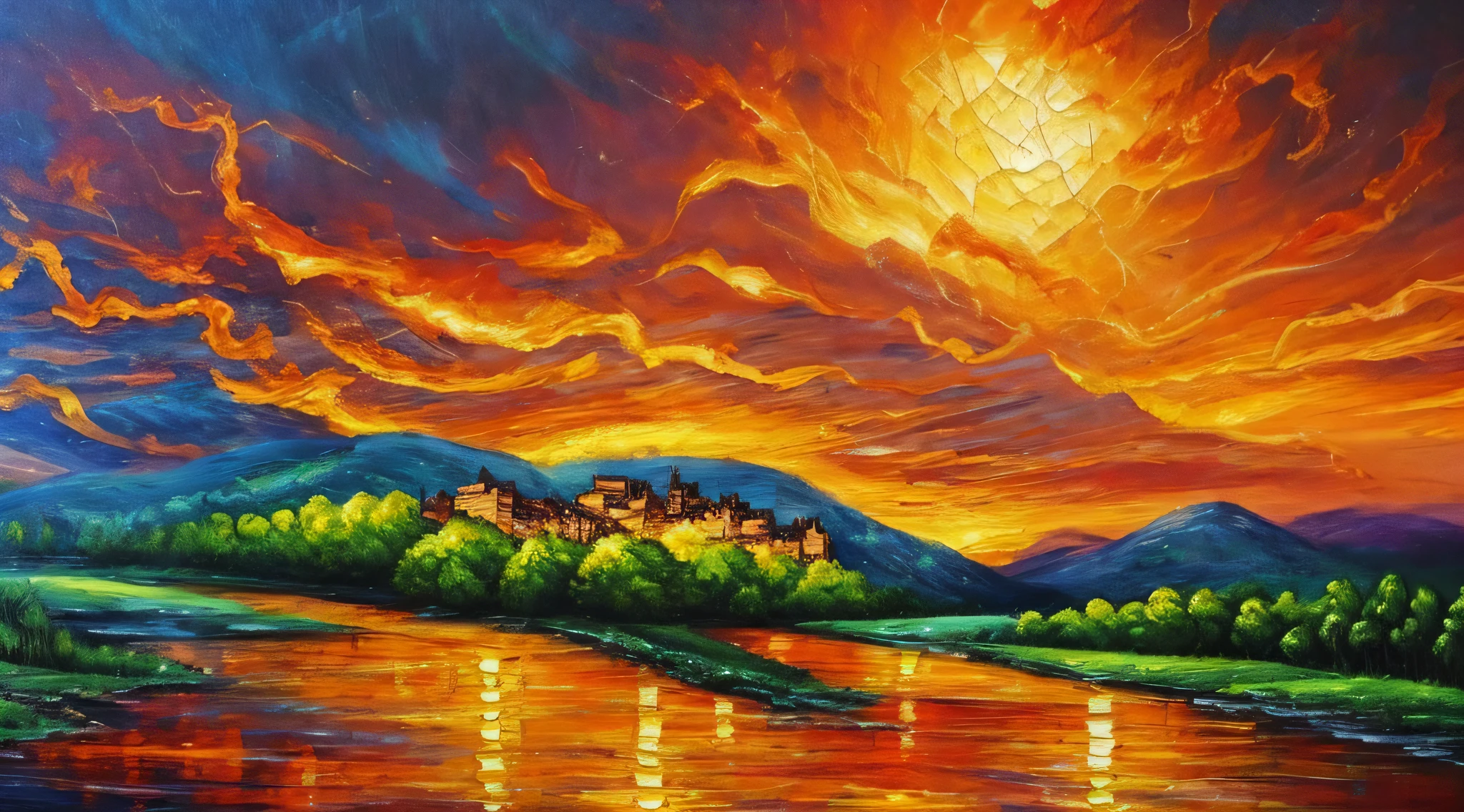 An impressionist painting of an apocalyptic city, a chaotic blend of destruction and nature's reclamation, a fiery red sky casting an eerie glow, crumbling skyscrapers and overgrown with wild vegetation, inspired by the works of J.M.W. Turner, a tumultuous masterpiece of vivid colors and swirling emotions, oil on a large canvas, thick impasto technique, conveying a sense of despair and rebirth in the face of devastation.