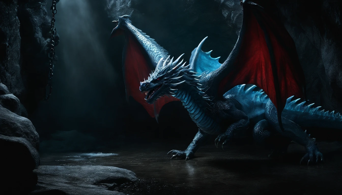 Ice dragon in dark cave with chains around it