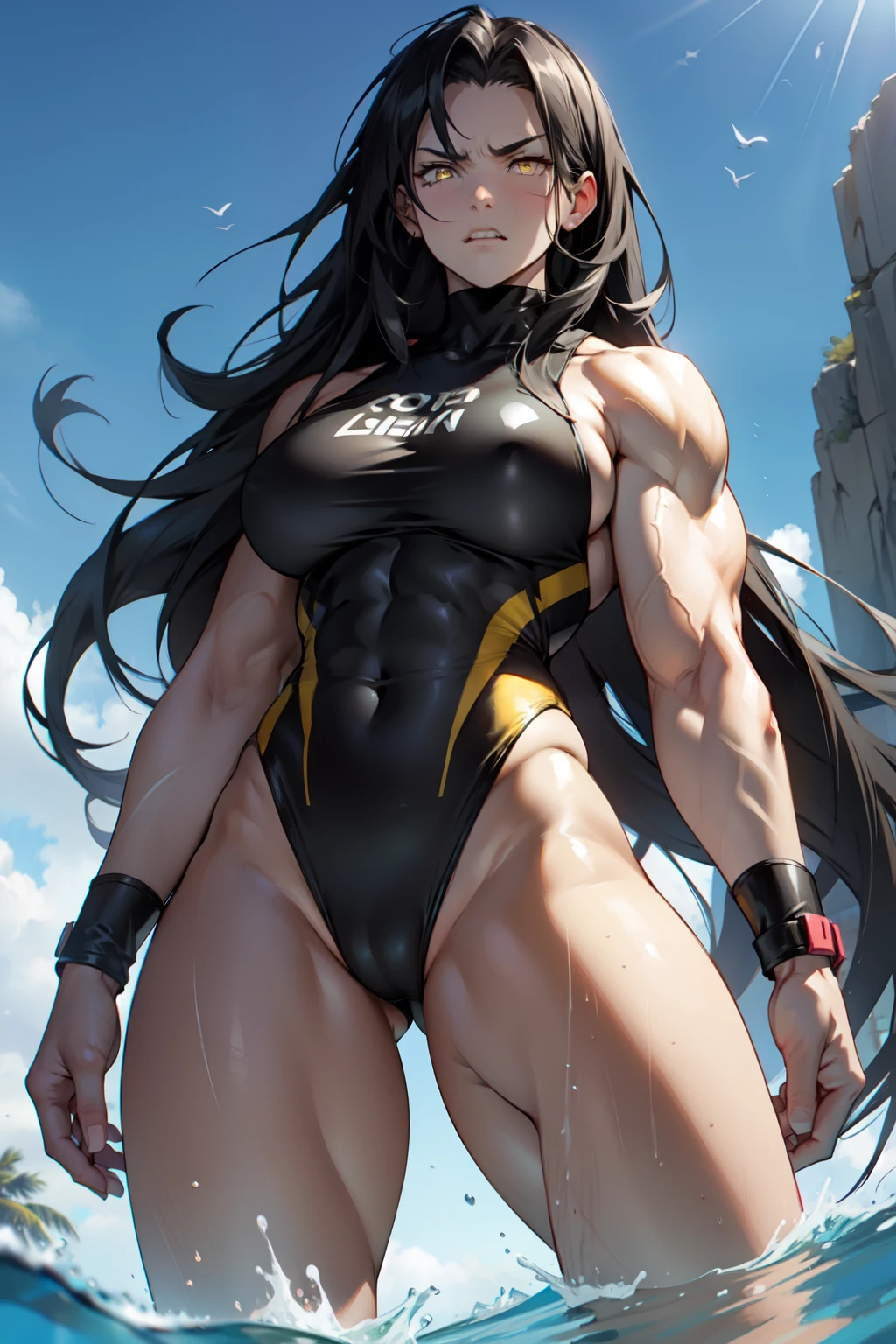 1girl ((muscular large breasts thick thighs)) pale skin black hair very long hair yellow eyes angry swimsuit