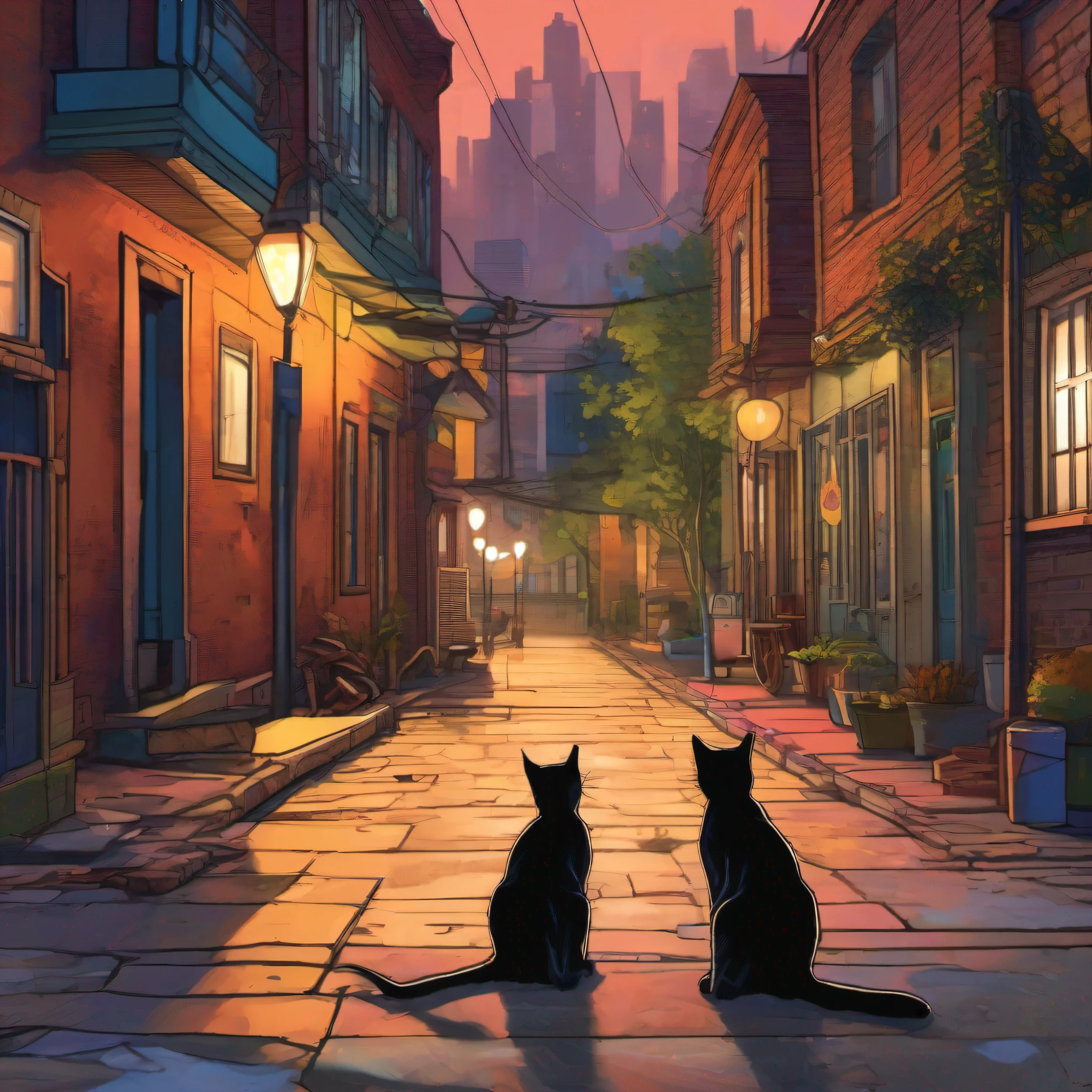 Hyper-realistic illustration style, colorful, vibrant, and sharp like a photograph. The background of the image depicts an illuminated deserted street. It is late afternoon. The main character is a cat named Dik. Dik is a stray cat with short black fur. Dik is an adult cat who is alone on this street with his friend John, a fair-skinned guy with black hair. Dik’s eyes are expressive, exuding wisdom and captivating. The scene is mysterious. Everyone wants to know what Dik and John are curiously observing.