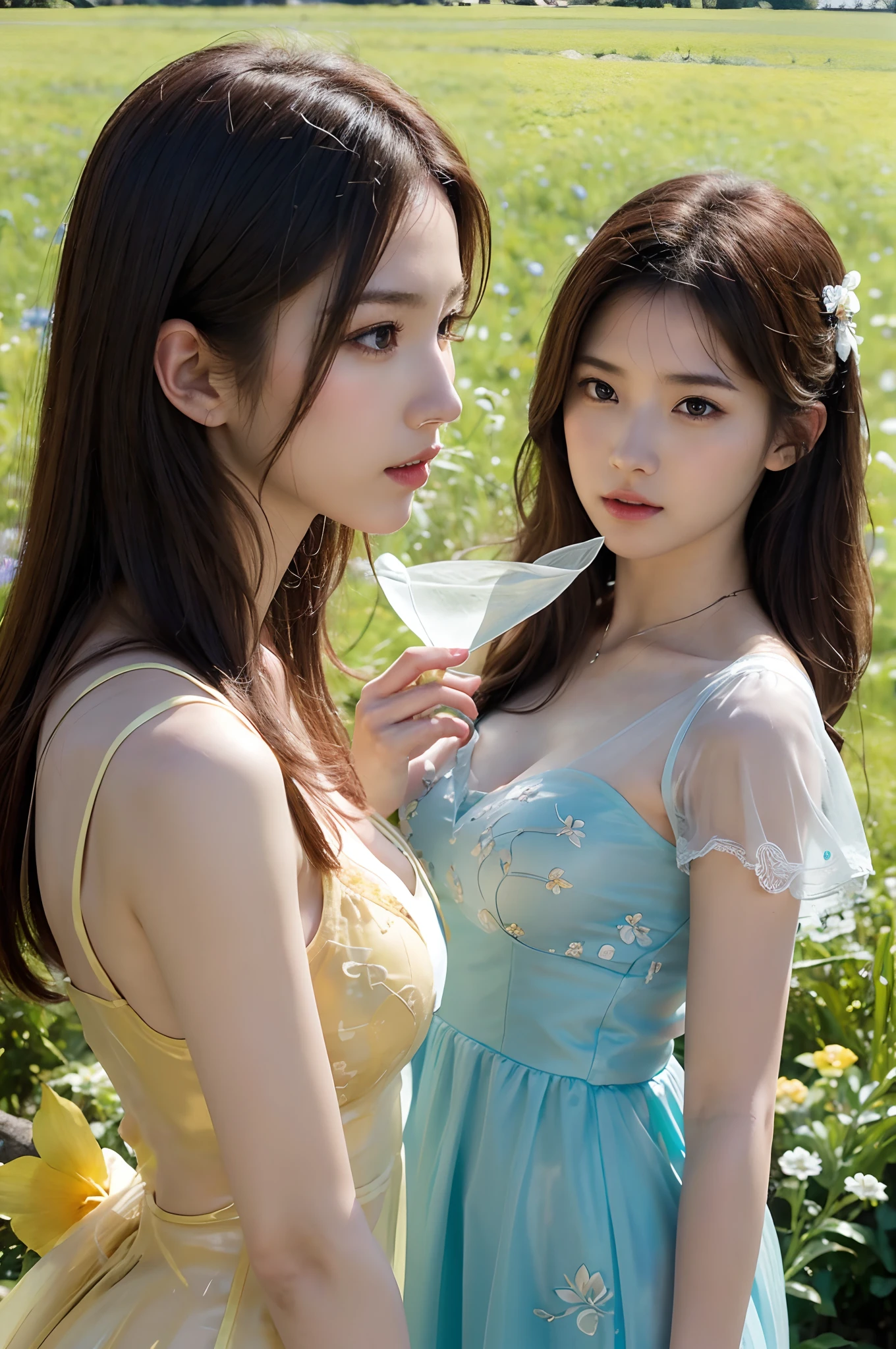 ray tracing,raw photograph,The proportions are the same for all races, All faces and pictures must be different,((Close-up portrait of two young people_Woman in transparent dress))Silk lace,leering:1.3,caressing the:1.3,Embroidery pattern,Belorusin,long wavy blond hair, standing on a flower field, Large cornflower in the foreground (Bokeh:1.2)), Masterpiece, award winning photography, lighting, Perfectcomposition, High detail, Ultra photo realsisim,Dramatic lighting, Epic,(Dynamic pose:1.2),(Dynamic camera),photo RAW,