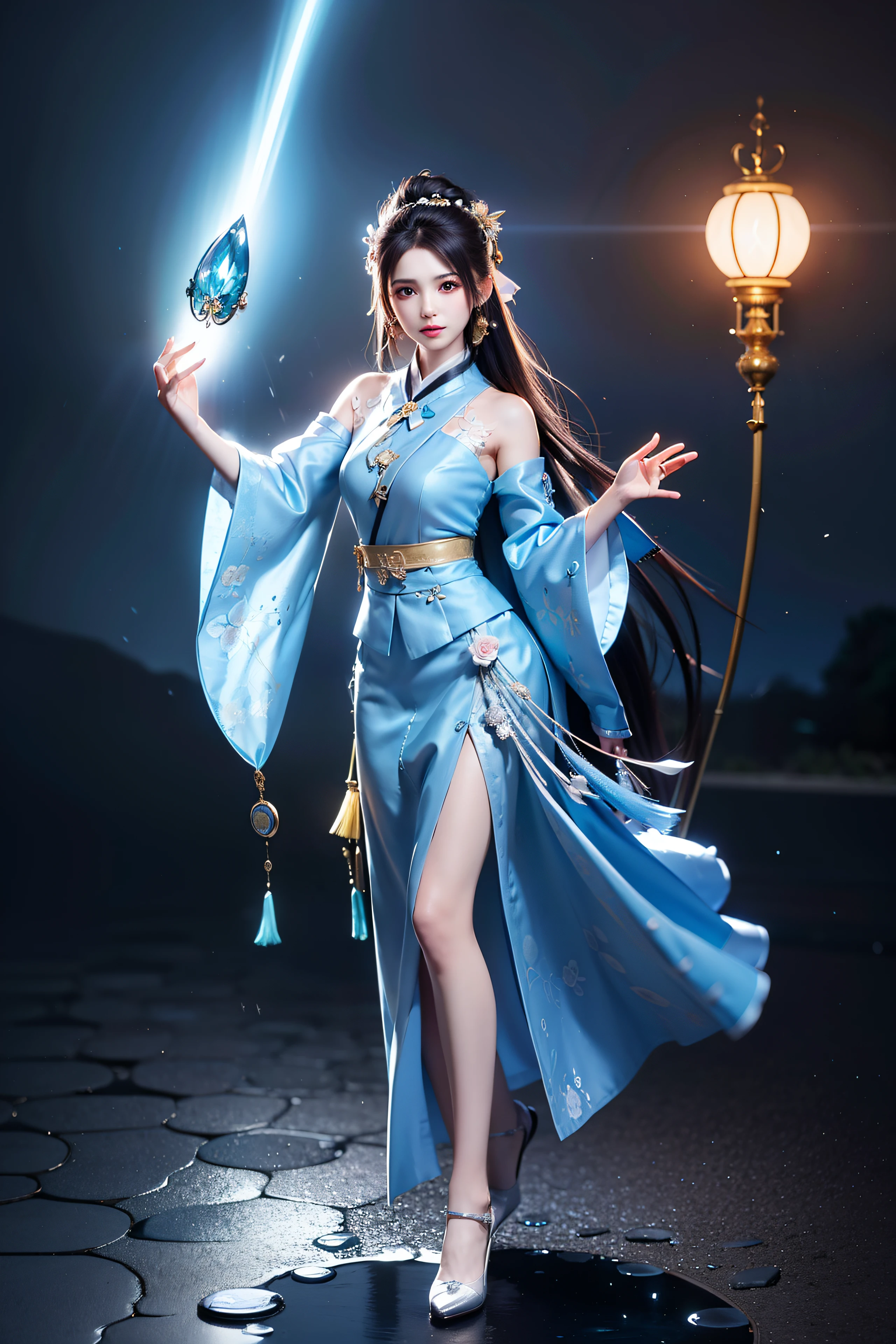 detailed cinematic portrait of a snow princess, dramatic lighting, bright colors, fantasy style, intricate dress with lace and embroidery, detailed background with castle and clouds, highly detailed, 8k, photorealistic, masterpiece, hyper-realistic, sharp focus, studio lighting, physics-based rendering, very detailed descriptions