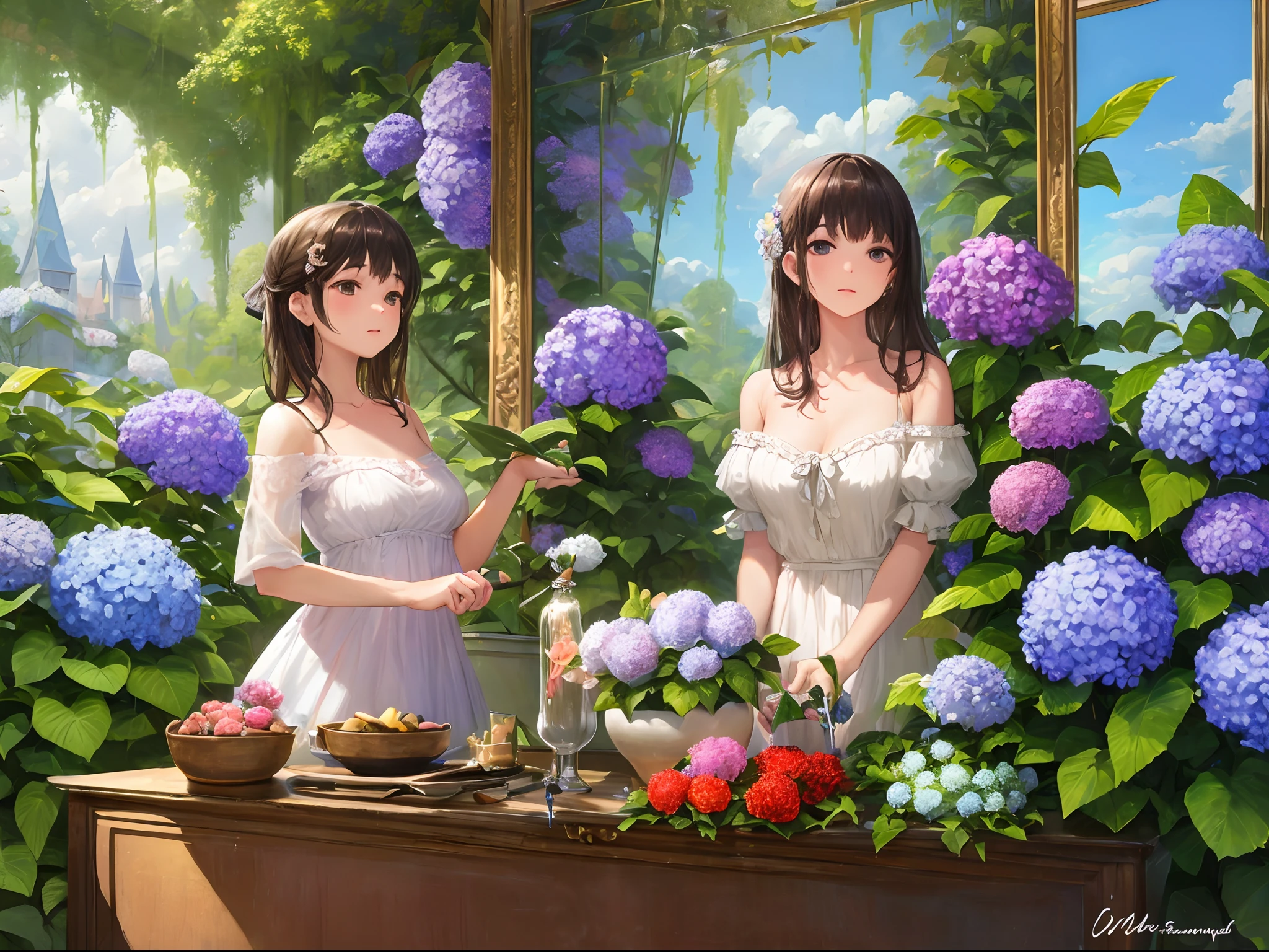 Send you a beautiful hydrangea bouquet,Blue sky and white clouds,HD meticulous,oil painting