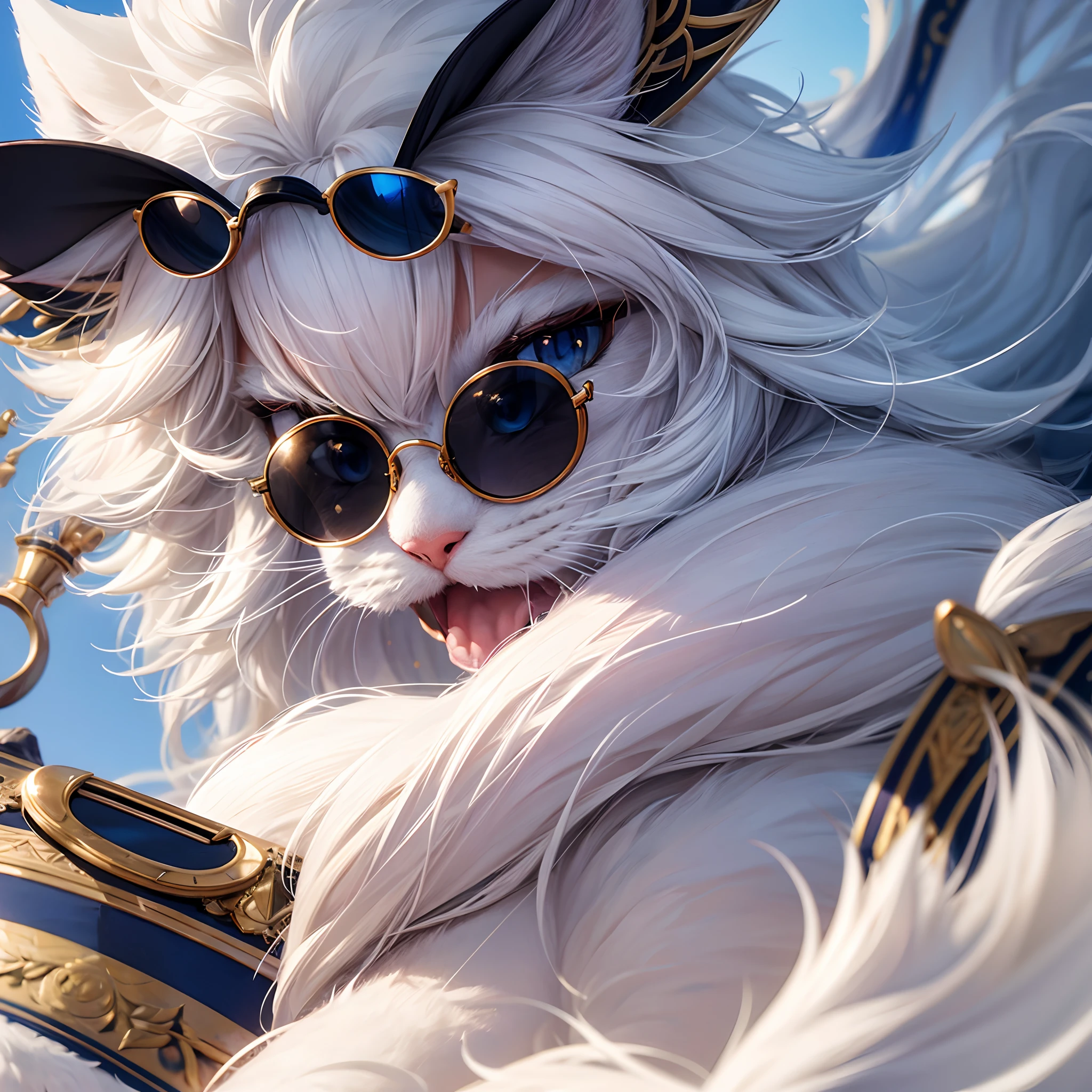 Persian cat ,white fur, blue eyes, wearing small round sunglasses near the nose, ((ultra realistic)),((8k UHD))