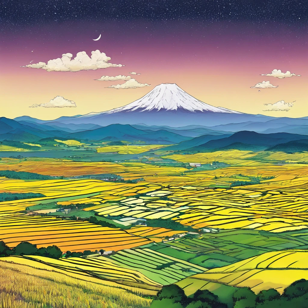 Down Rt. 66 Large golden rice paddies,,Rolling mountains in the distance, Nostalgic, Annual lighting display, cumulonimbus clouds, voluminetric lighting, Big sky