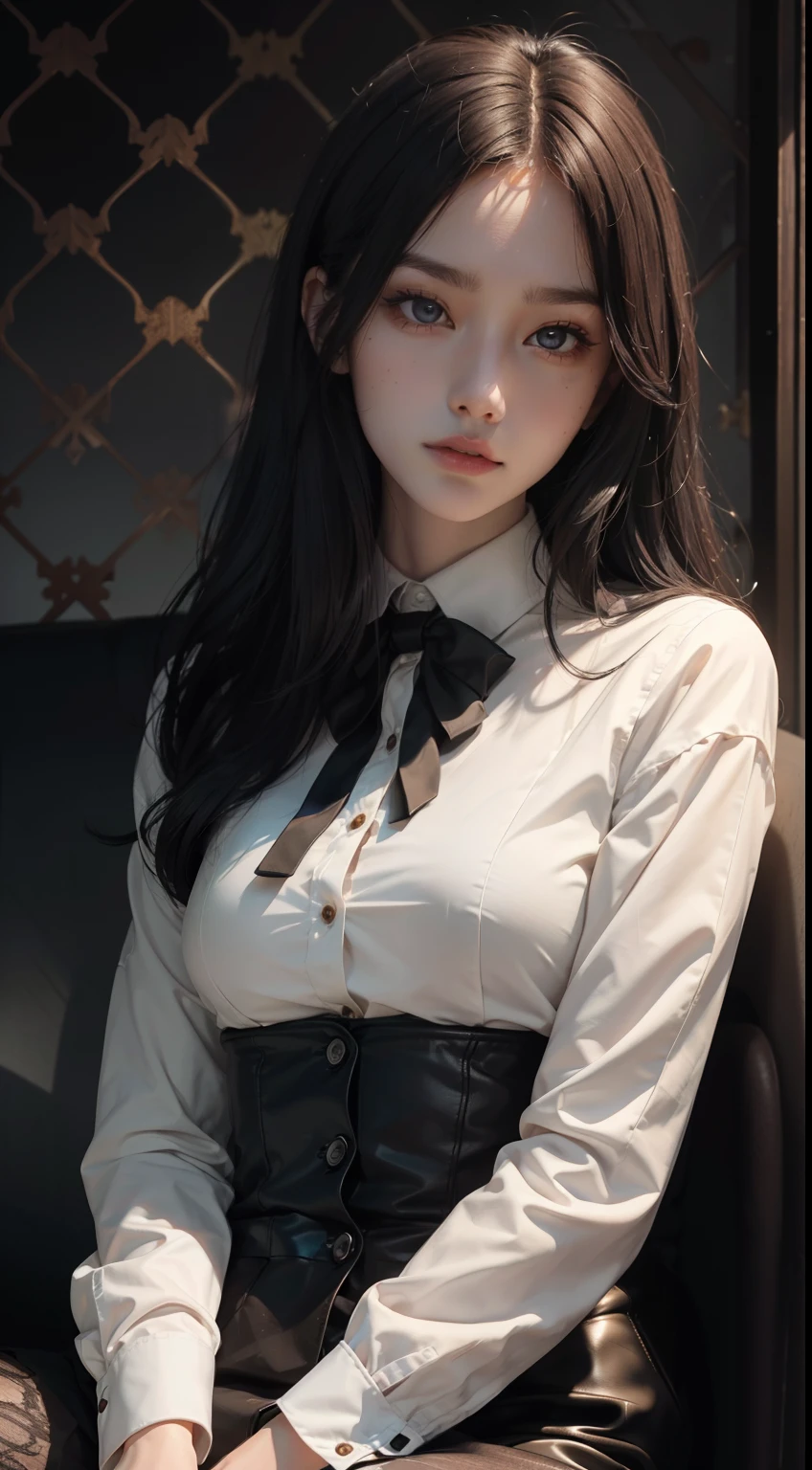 (Hyper-realistic), (Illustration), (High resolution), (8K), (Extremely detailed), (Best Illustration), Yol ( chain saw man ), (Beautiful detailed eyes), (Best Quality), (Ultra-detailed), (masutepiece), (Wallpaper), (Detailed face), Solo, Upper body, Focus on Face, 1 girl, Long Black Hair, Korean, Thin eyeshadow, A detailed eye, Brown eyes, Small moles under the eyes, very slender legs,Long sleeve shirt, Neckbow, Small breasts,Black leather shoes, Dynamic Pose, low illuminance, Night, Dark, Clouds, a dark night,sit on sofa,Drinking black tea,