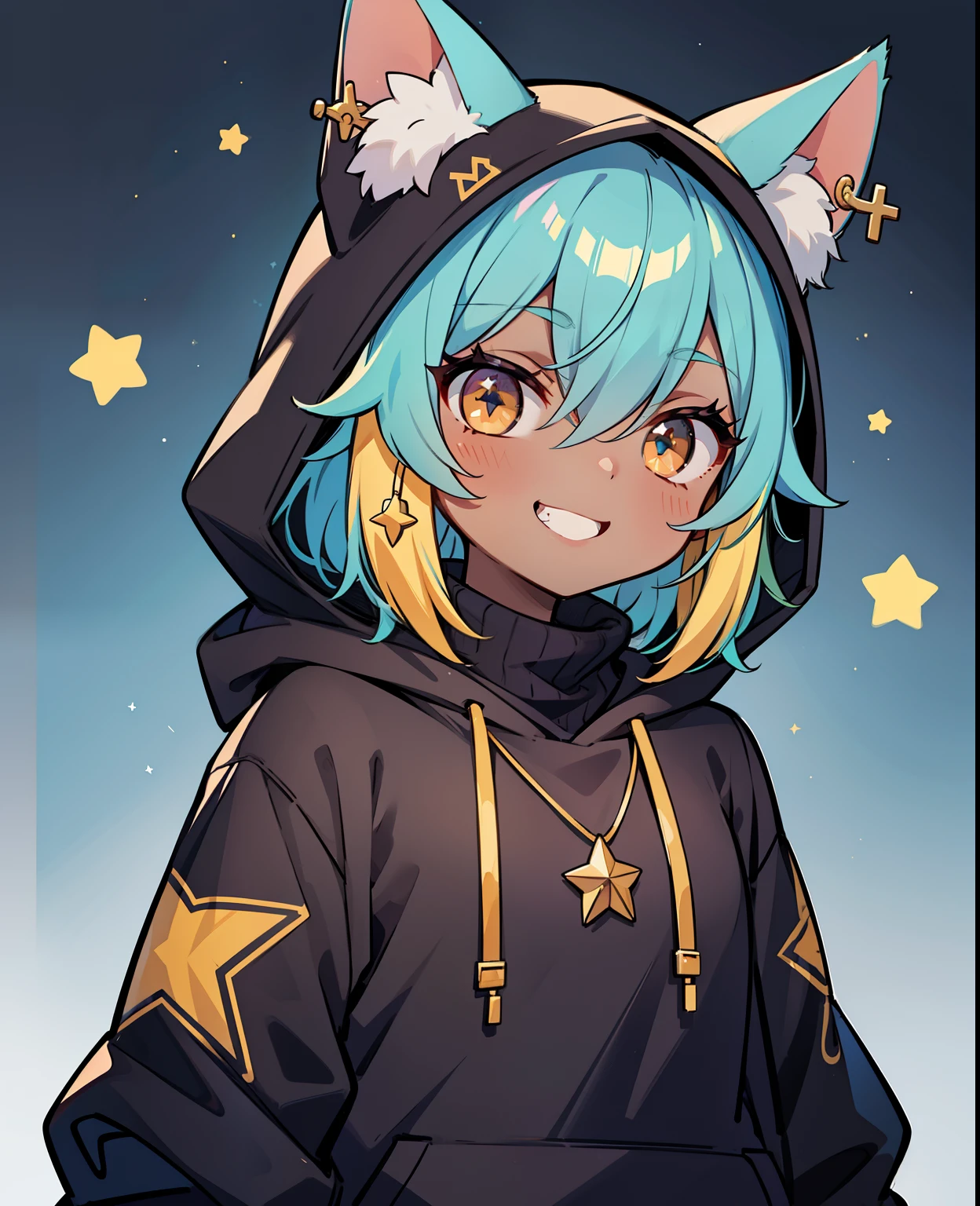 Niji_Emote, chibi, emoji twitch emote, stickers, 1girl, solo, blush, smile, brown hair, shirt, jewelry, blue hair, jacket, upper body, multicolored hair, earrings, green hair, teeth, dark skin, hood, necklace, star (symbol), dark-skinned female, hoodie, turtleneck, hooded jacket, black sweater, fox ears, anthro, animal ears, animal ear fluff,
,