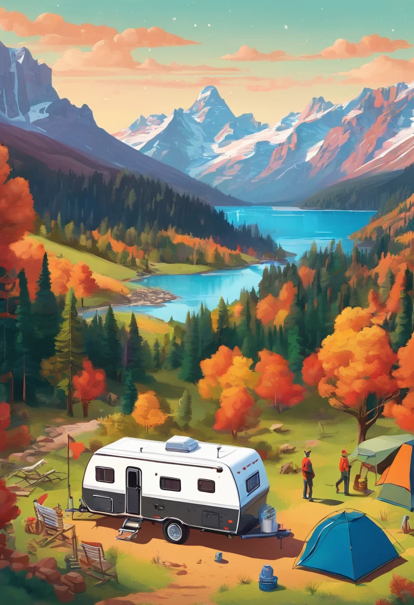 RV camping,Pop art,Albert Bierstadt,Great outdoor activities,Close-up shot,prime time,