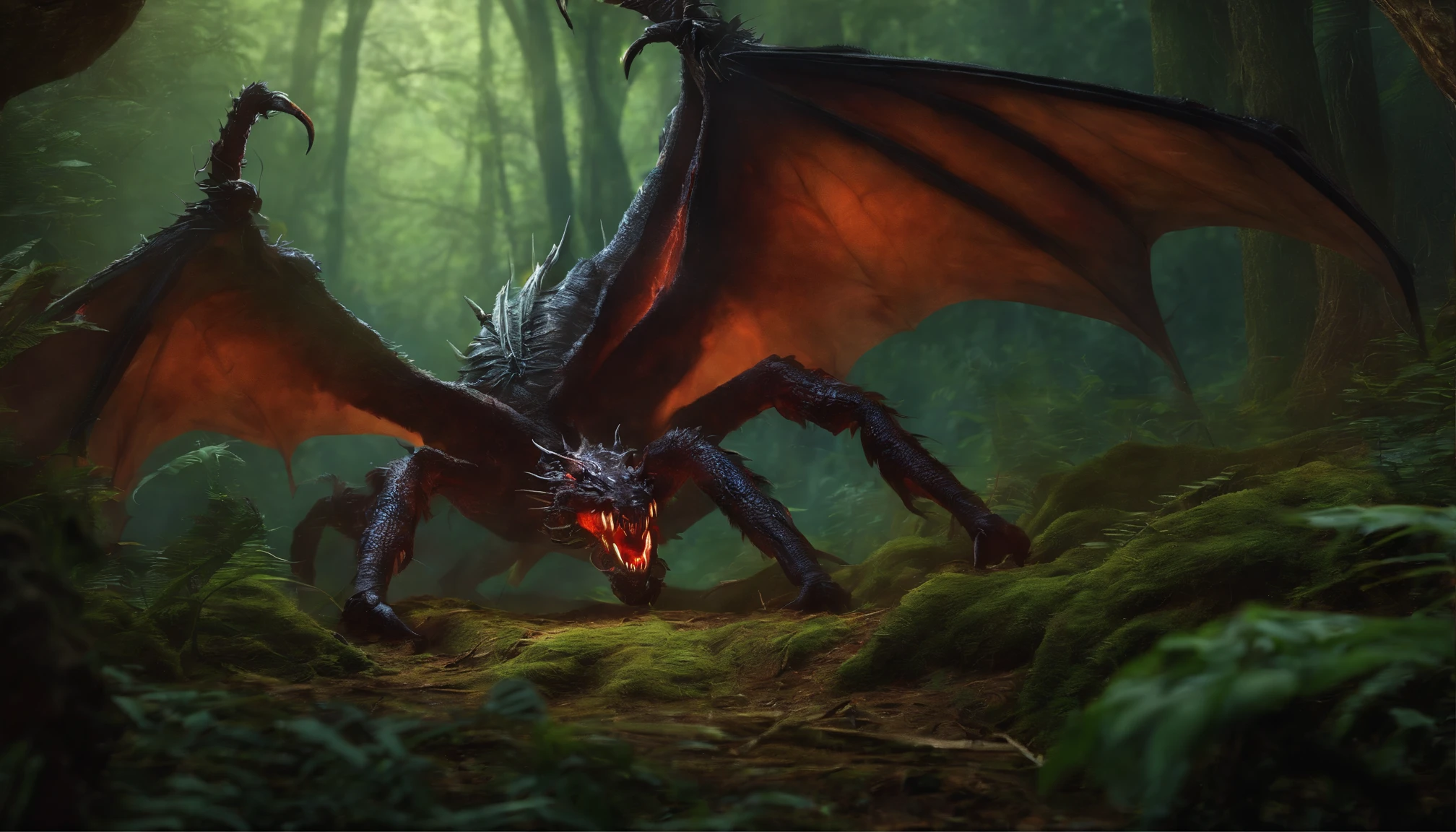 Demon Dragon fighting Giant Spider in a forest