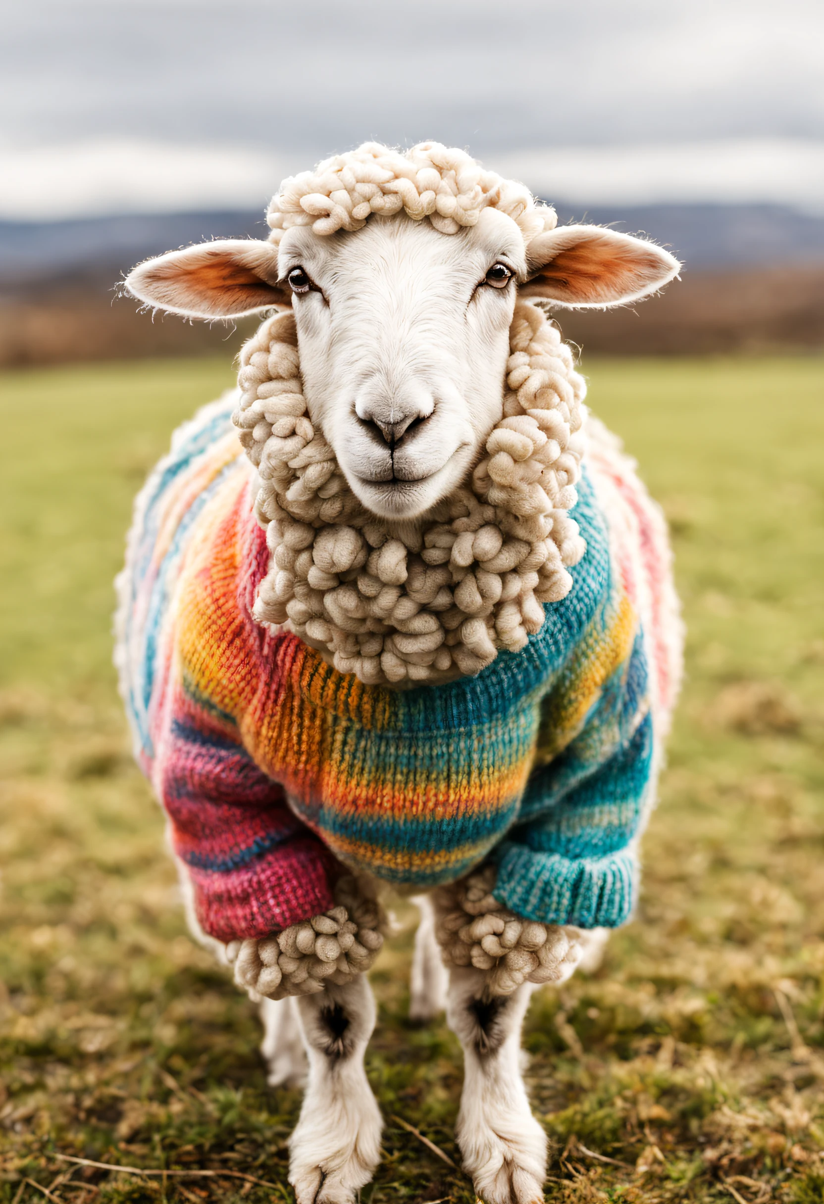 drawing with pastels of a vey cute sheep on a field wearing colorful knitted sweater