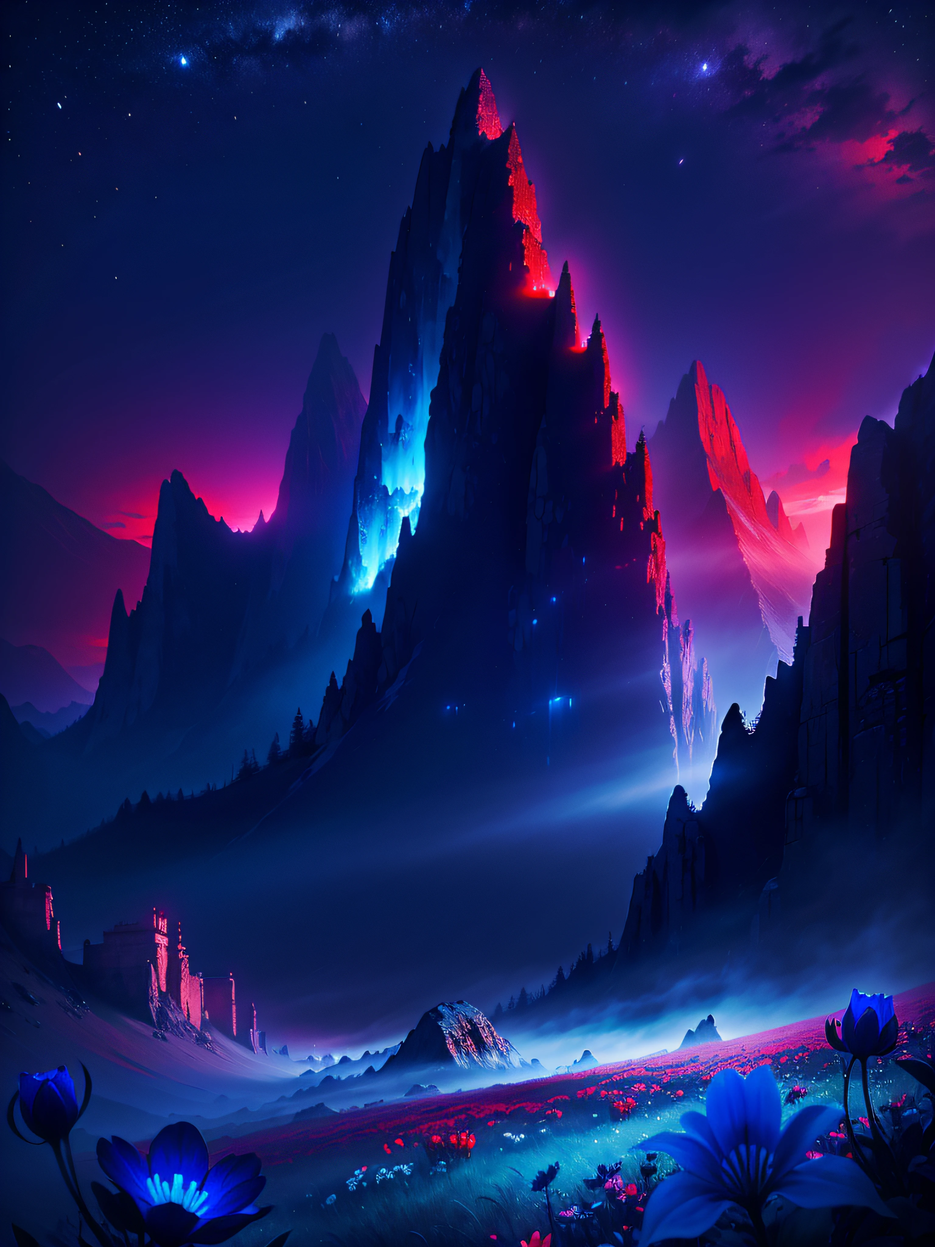 (Masterpiece), (beste-Qualit), (one Mountain in the background), mist, nightfall, (Blue & Turquoise), (Flower glade, Blood Red Flowers)