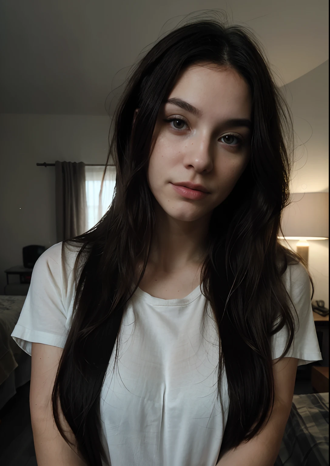 highest quality, epic realistic, inside my room, she is ASMR girlfriend, reaching for camera, room is dark, low lux nightlight, she's comfortable, tshirt, looks incredible, (8k, Raw photo, Highest quality),(epic realistic:1.5), a woman, face,(detailed eyes:0.8),(looking at the camera:1.4), (Highest quality), ( best shadow),Intricate details,cinematic,((skin:1.4)),Interior room, (long hair:1.3),Dark ,(Hdr:1.5),Detailed, muted colors, Superior quality, ( glowing single light: 0.7), Masterpiece, Wide Angle Shot, Raw Photo (35-year-old, looking at viewer), beautiful, (wearing sleeping tshirt, comfy, matted hair), (tender ASMR girlfriend pose ), perfect, natural, perfect composition, portrait, perfect face, Captivating eyes, Bright details, Tight lips, (High Skin Detail),, (blue tint: 0.6), (sale: 0.8), (bloody: 0.7), Key lighting , (backlight: 0.5), Medium depth of field, Canon 5d, 50mm lens, f/4 apertures, (Ultra-detailed, Complex detail), sharp focus, soft colors, 8k, Absurd, 8mm film grain, photography, relaxed with camera