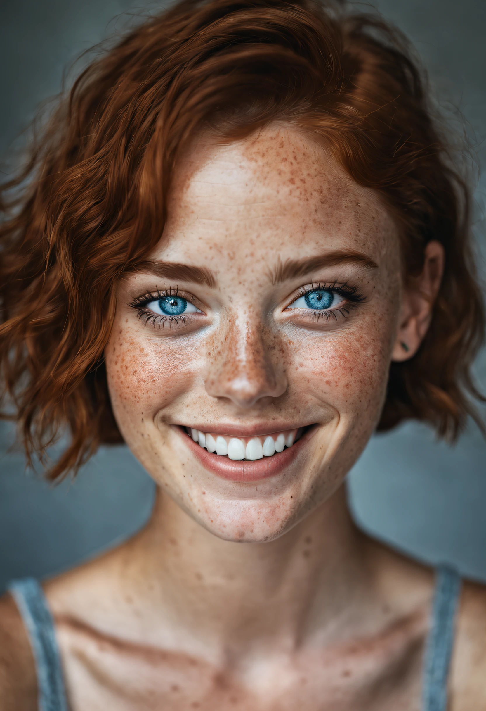 beautiful lady, (freckles), big smile, blue eyes, short hair, dark makeup, hyperdetailed photography, soft light, head and shoulders portrait, cover