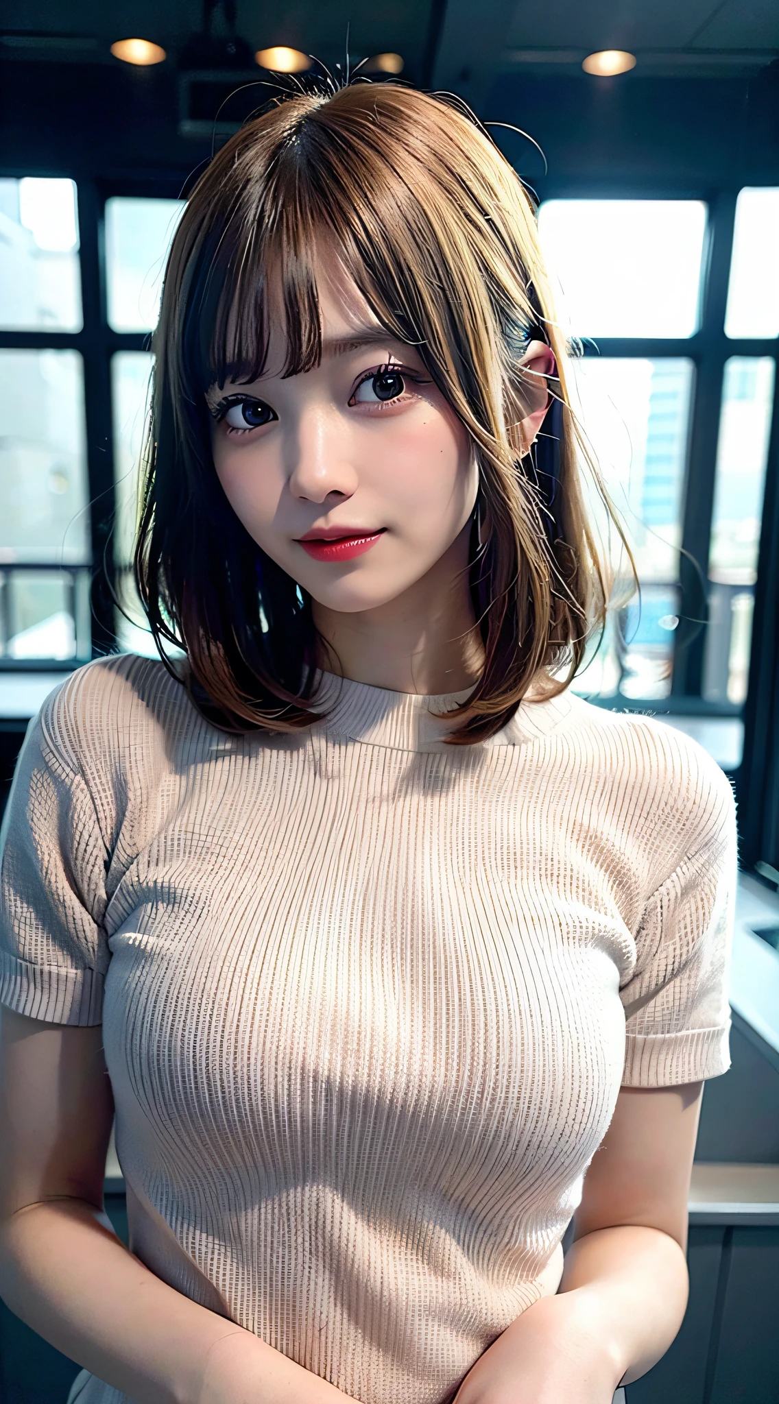 (8K, Raw photo:1.2),Detailed face and eyes,Best Quality, 超A high resolution, Highly detailed ,intricate detailes ,masutepiece ,Cute Girl , Soft cinematic light, Hyper-detailing,Sharp Focus, High quality,a blond, bob cuts, tits out, knit, The mesh is large