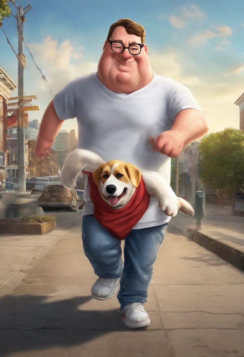Peter Griffin walking Brian Griffin while wearing a Rolex and wearing a shirt that says I love old