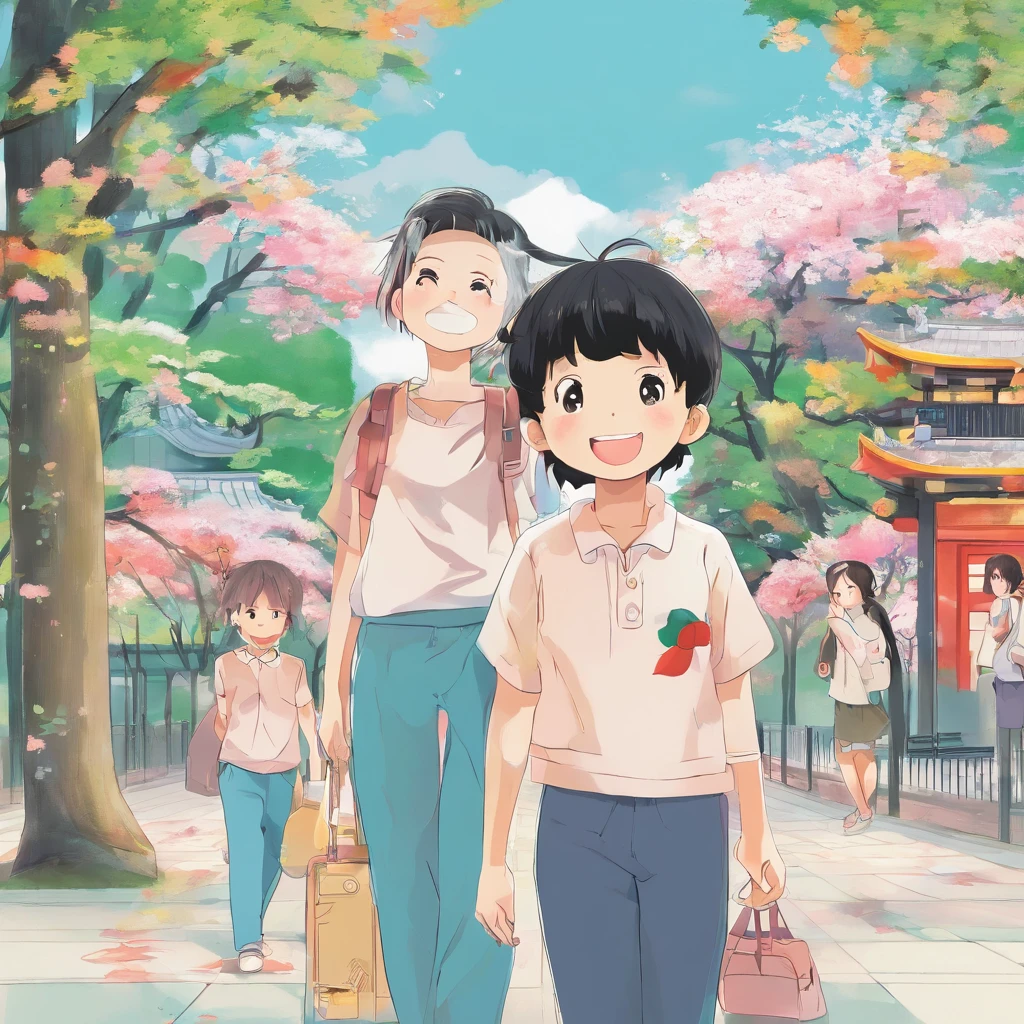 Japan 30-year-old man alone with short black hair。1 30-year-old pretty woman in Japan、The hairstyle is long。1 Japan cute 4-year-old boys。One Japan cute 1 year old girl。Four are family members。Four family members laughing and playing in the park。Illustration style