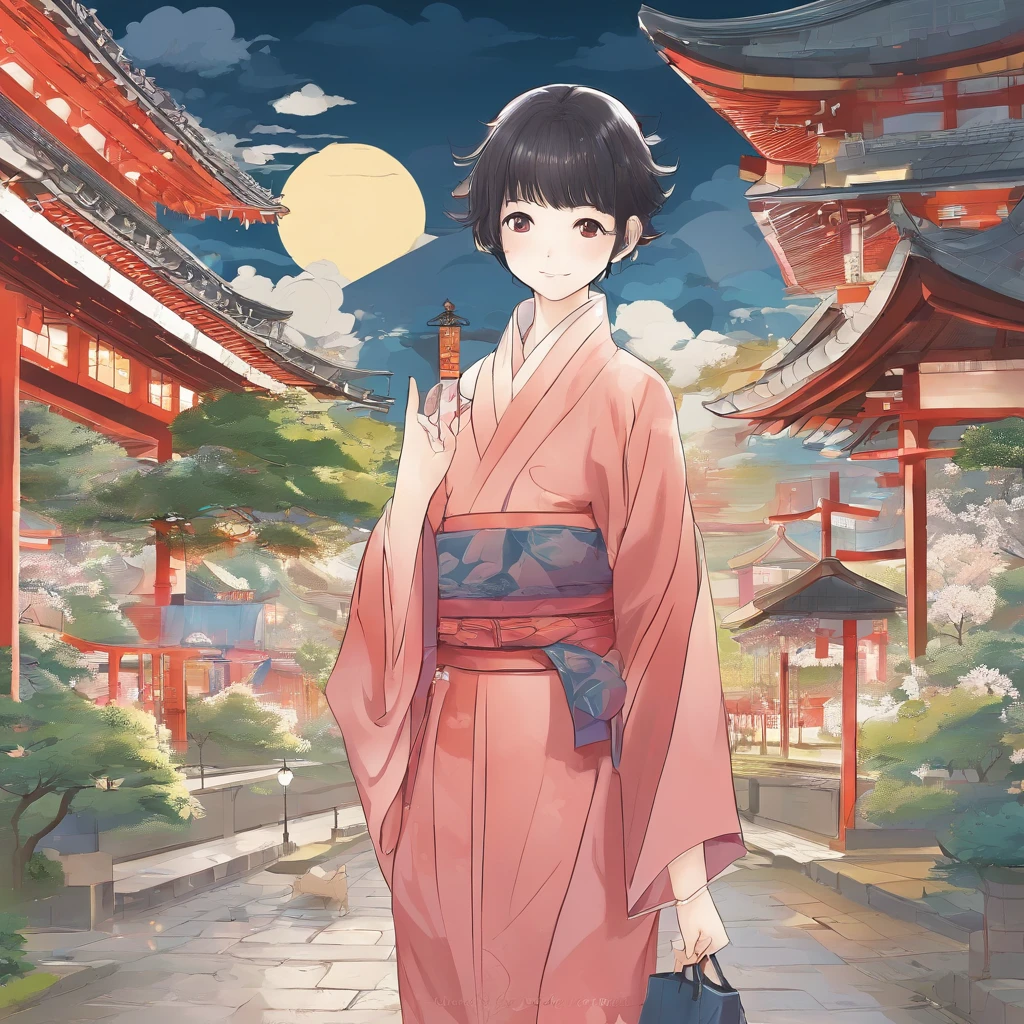 Japan 30-year-old man alone with short black hair。1 30-year-old pretty woman in Japan、The hairstyle is long。1 Japan cute 4-year-old boys。One Japan cute 1 year old girl。Four are family members。Four family members laughing and playing in the park。Illustration style