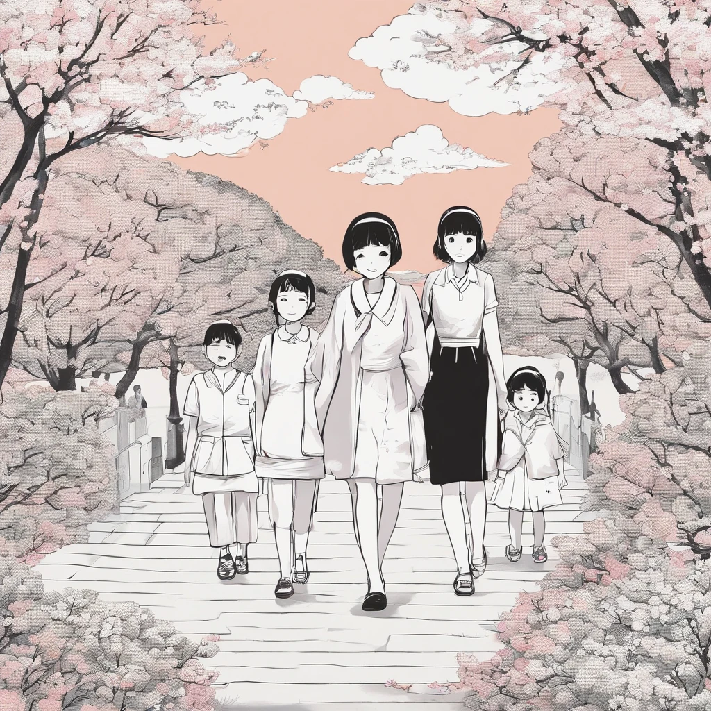 Japan 30-year-old man alone with short black hair。1 30-year-old pretty woman in Japan、The hairstyle is long。1 Japan cute 4-year-old boys。One Japan cute 1 year old girl。Four are family members。Four family members laughing and playing in the park。Illustration style