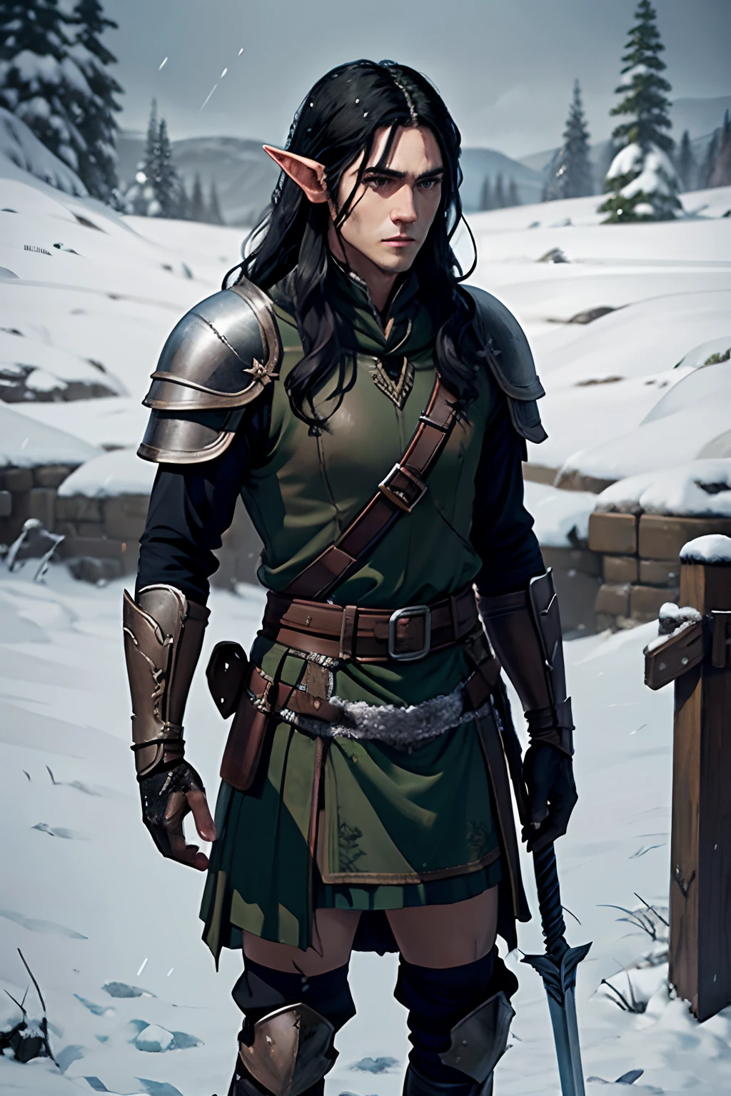 Lonely male elf. ah high. Long black hair.  A manly face with a scar. Leather armor. knee-length kilt. rapier. Snow-covered tundra. Fantasy