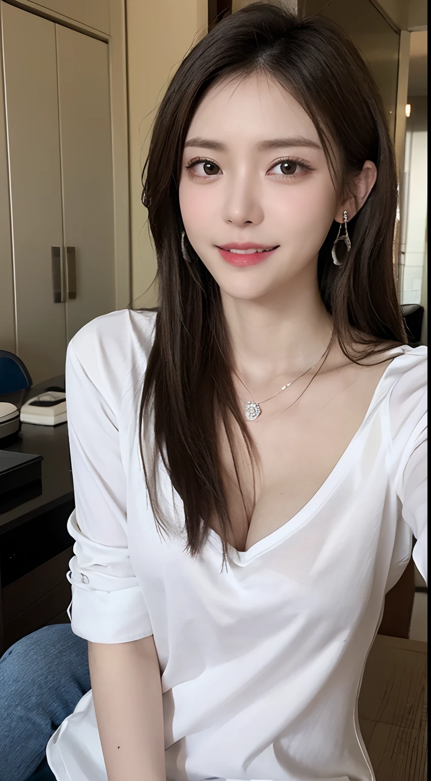 masutepiece, Best Quality, Photorealsitic, finely detail, hight resolution, 8K Wallpapers, Perfect dynamic composition, foco nítido, A hyper-realistic, Beautiful detailed eyes, Medium Hair, large full breasts, Take a selfie in front of the mirror,casual white shirt,At work, A smile, open open mouth, natta,a room,on the beds, 25-years old, (drooing eyes:1.4), Adult beauty, japanes, Simple Chain Necklace, large earring, Shooting from front