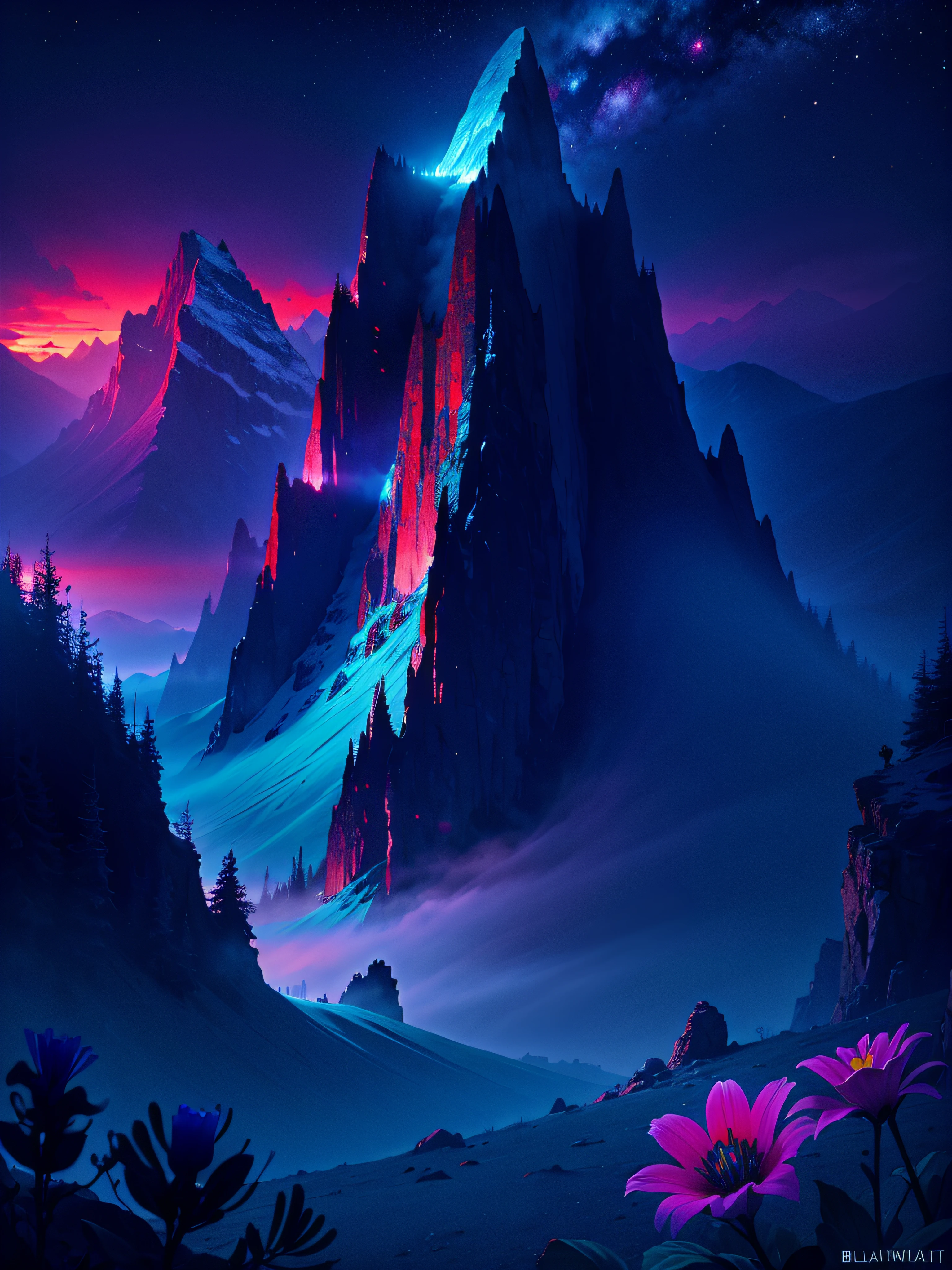 (Masterpiece), (beste-Qualit), (one Mountain in the background), mist, nightfall, (Blue & Turquoise), (Flower glade, Blood Red Flowers)