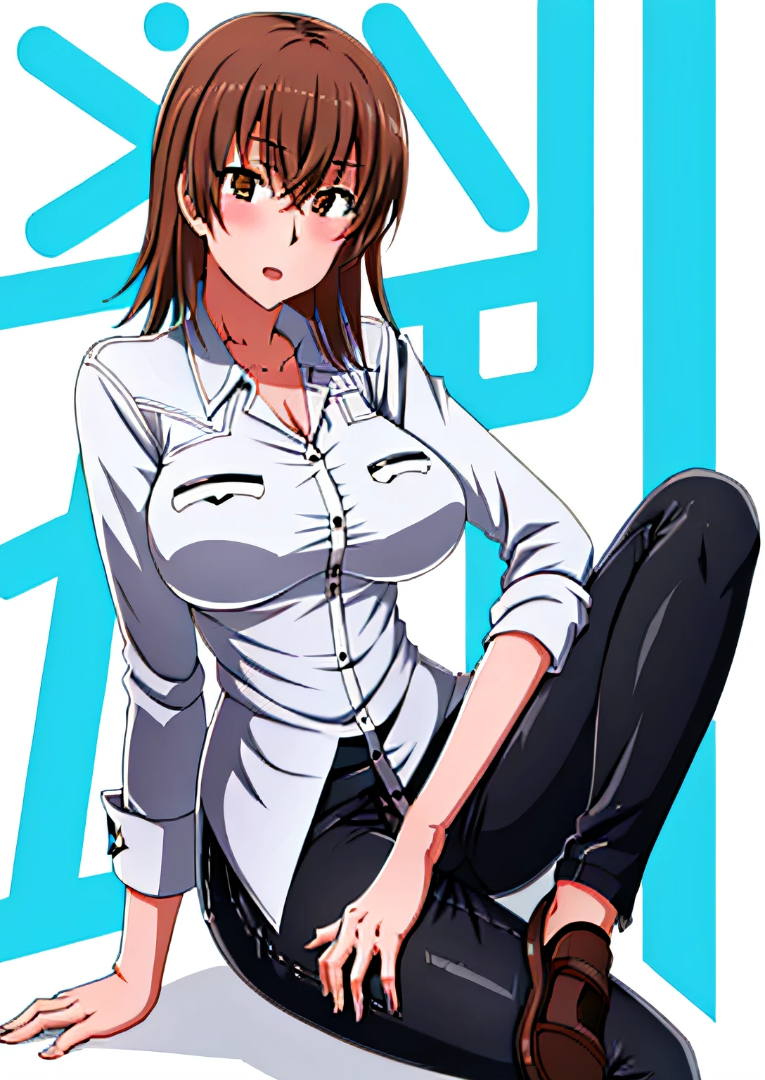 misuzumisaka, masterpiece, high resolution,beautiful detailed eyes, close to viewer, 1girl,solo, middle brown hair, brown eyes, white shirt, black pants, shoes,