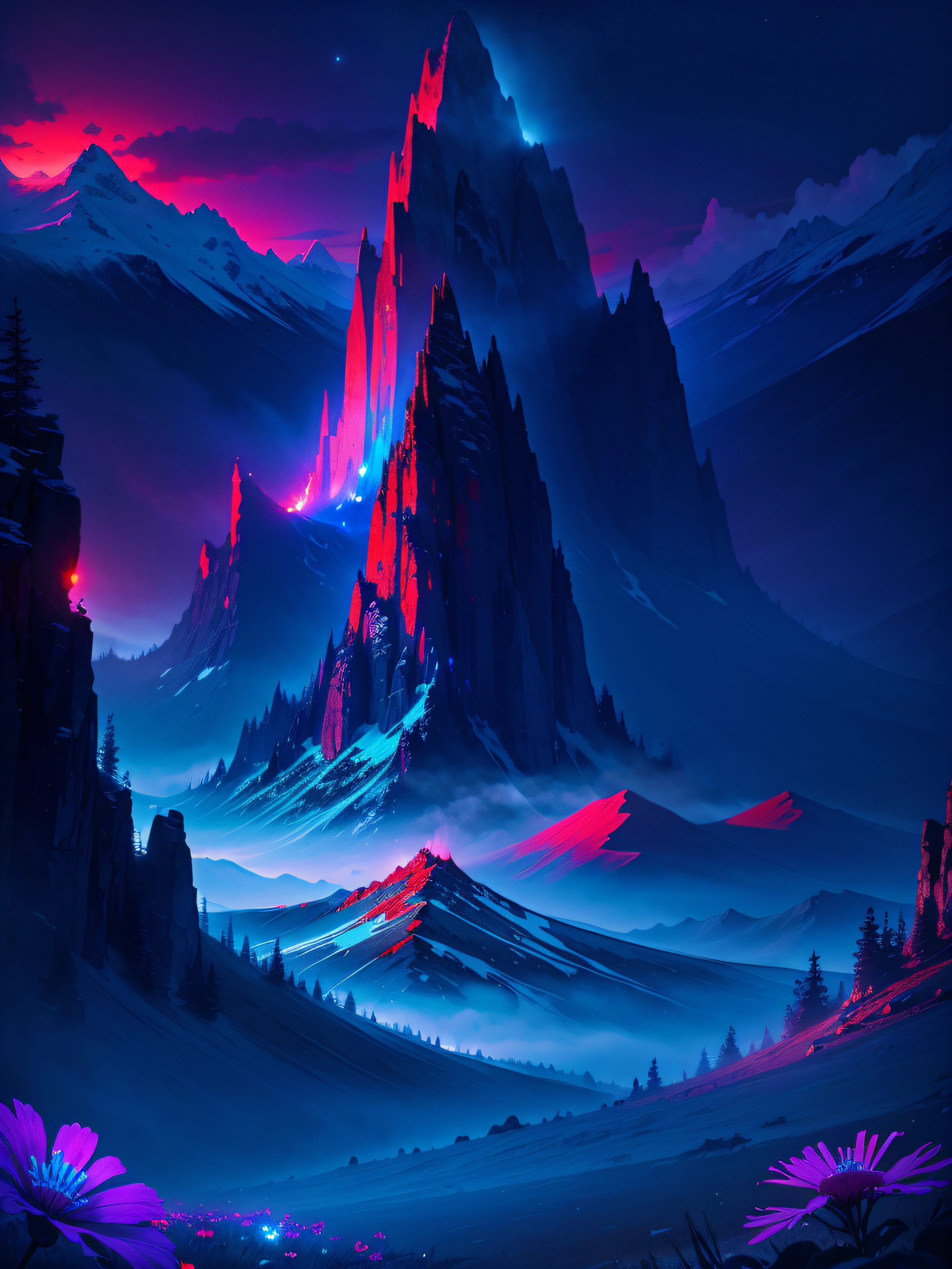 (Masterpiece), (beste-Qualit), (one Mountain in the background), mist, nightfall, (Blue & Turquoise), (Flower glade, Blood Red Flowers)