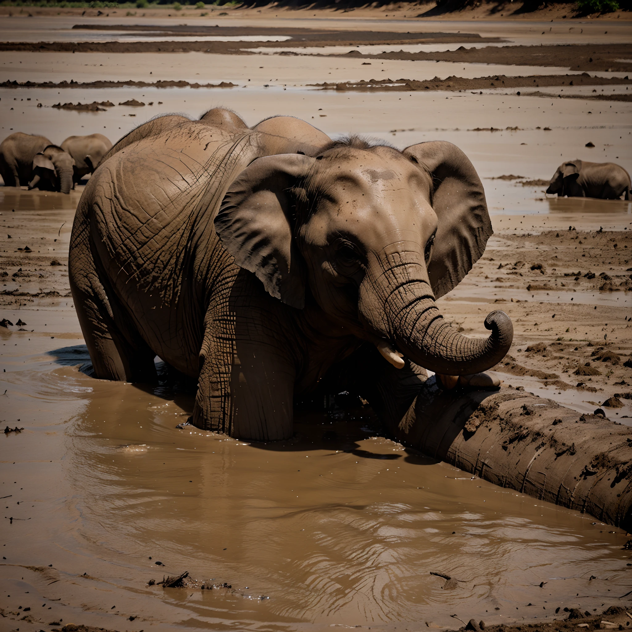 A  elephant plqying in the mud, realistic photography, professional photography, ultra HD res