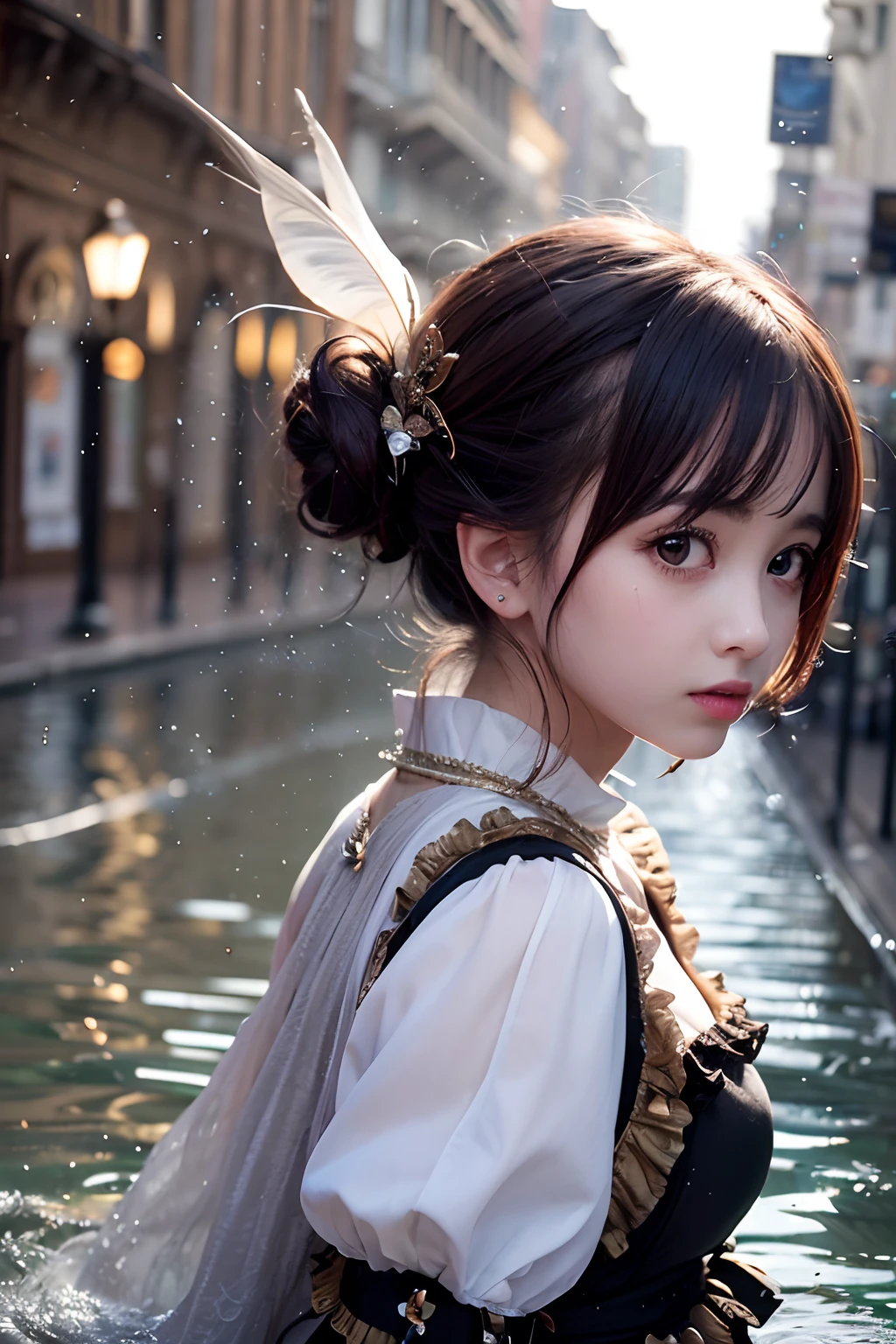 absurderes, high resolucion,, (1Girl, Solo), Big Eyes,, street scenery,, (water effects, lighting effects, Fluttering feathers:1.2),