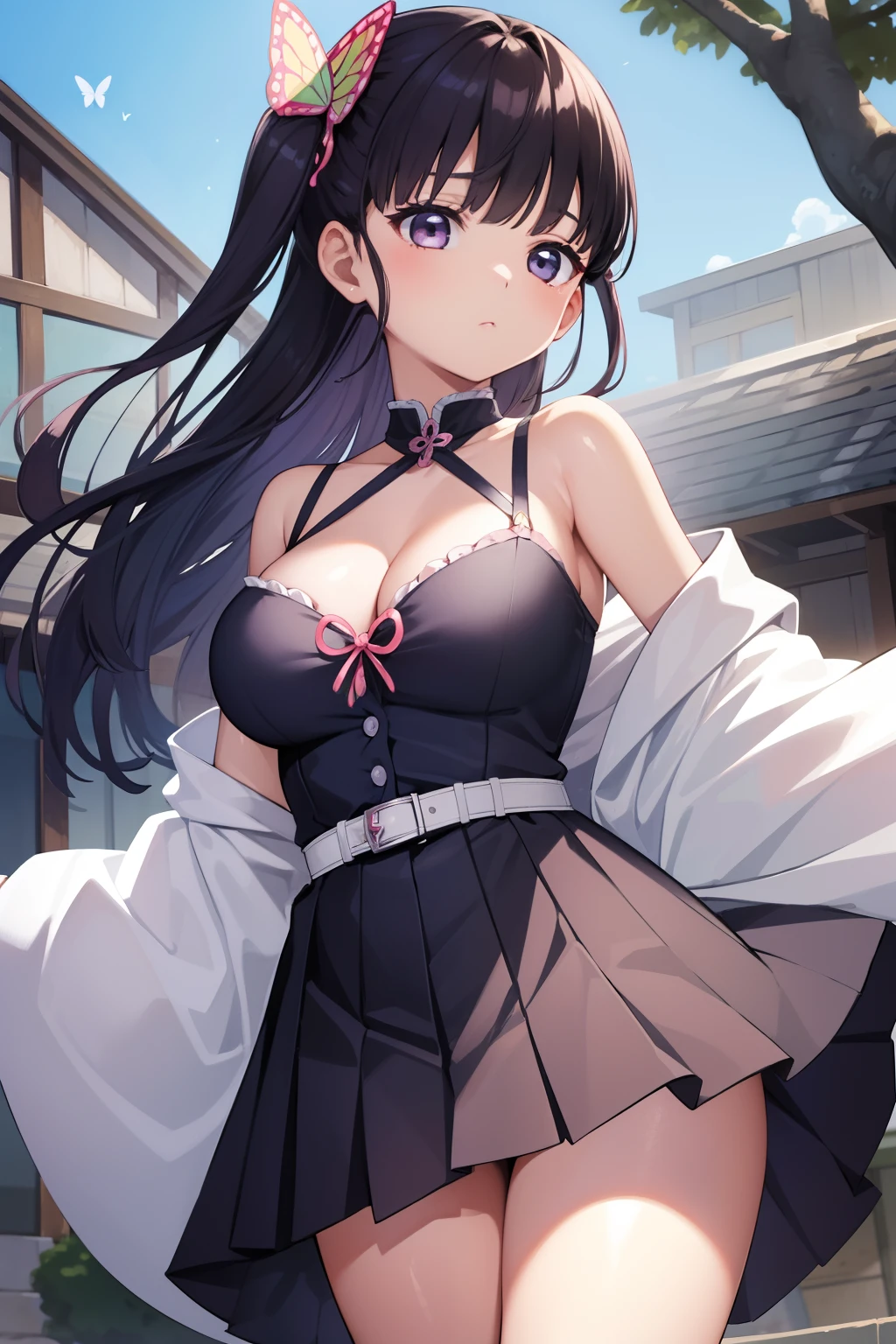 ultra-detailliert、girl1、top-quality、Masterpiece、Tsuyuri Kanao A dark-haired、Blunt bangs、butterfly hair ornament off shoulders、skirt by the cleavage of the breast、Soft thighs、shoulder、鎖骨 Background with、Butterfly House