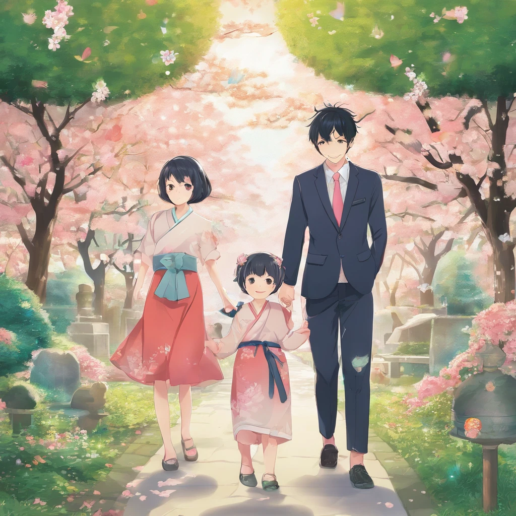 One Japan 30-year-old man with short black hair。30 year old pretty woman in 1 Japan、The hairstyle is long。1 Cute 4 boy in Japan。Japan cutest 1-year-oldl。Foure part of the family。Four family members playing with laughter in the park。Illustration style