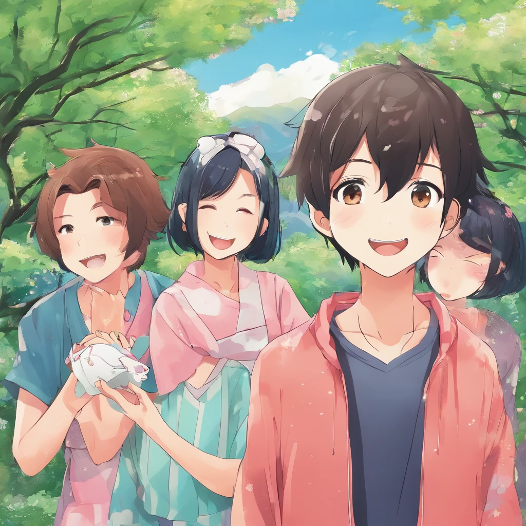 One Japan 30-year-old man with short black hair。30 year old pretty woman in 1 Japan、The hairstyle is long。1 Cute 4 year old boy in Japan。Japan cutest 1-year-old girl。Four are part of the family。Four family members playing with laughter in the park。Illustration style